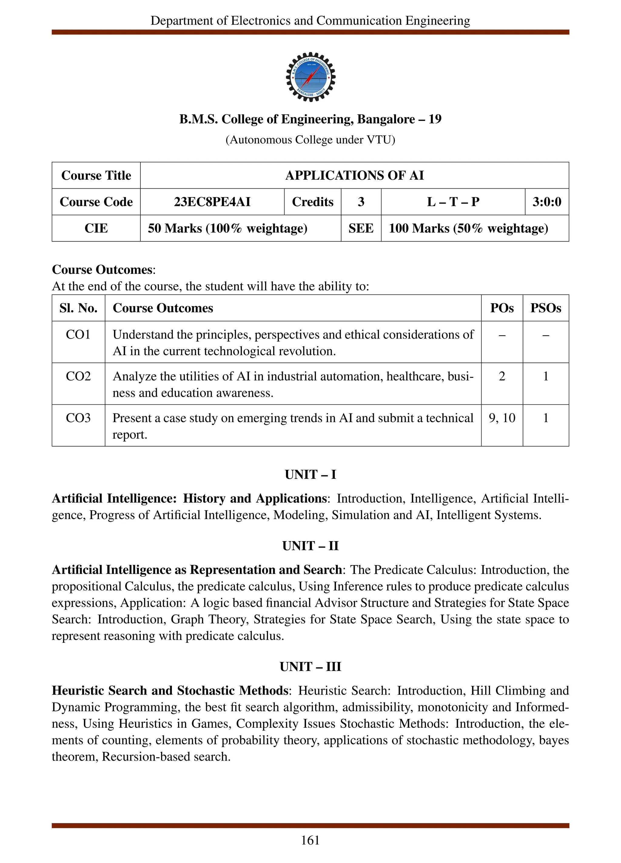 Department of Electronics and Communication Engineering
B.M.S. College of Engineering, Bangalore – 19
(Autonomous College under VTU)
Course Title APPLICATIONS OF AI
Course Code 23EC8PE4AI Credits 3 L – T – P 3:0:0
CIE 50 Marks (100% weightage) SEE 100 Marks (50% weightage)
Course Outcomes:
At the end of the course, the student will have the ability to:
Sl. No. Course Outcomes POs PSOs
CO1 Understand the principles, perspectives and ethical considerations of
AI in the current technological revolution.
– –
CO2 Analyze the utilities of AI in industrial automation, healthcare, busi-
ness and education awareness.
2 1
CO3 Present a case study on emerging trends in AI and submit a technical
report.
9, 10 1
UNIT – I
Artificial Intelligence: History and Applications: Introduction, Intelligence, Artificial Intelli-
gence, Progress of Artificial Intelligence, Modeling, Simulation and AI, Intelligent Systems.
UNIT – II
Artificial Intelligence as Representation and Search: The Predicate Calculus: Introduction, the
propositional Calculus, the predicate calculus, Using Inference rules to produce predicate calculus
expressions, Application: A logic based financial Advisor Structure and Strategies for State Space
Search: Introduction, Graph Theory, Strategies for State Space Search, Using the state space to
represent reasoning with predicate calculus.
UNIT – III
Heuristic Search and Stochastic Methods: Heuristic Search: Introduction, Hill Climbing and
Dynamic Programming, the best fit search algorithm, admissibility, monotonicity and Informed-
ness, Using Heuristics in Games, Complexity Issues Stochastic Methods: Introduction, the ele-
ments of counting, elements of probability theory, applications of stochastic methodology, bayes
theorem, Recursion-based search.
161
 