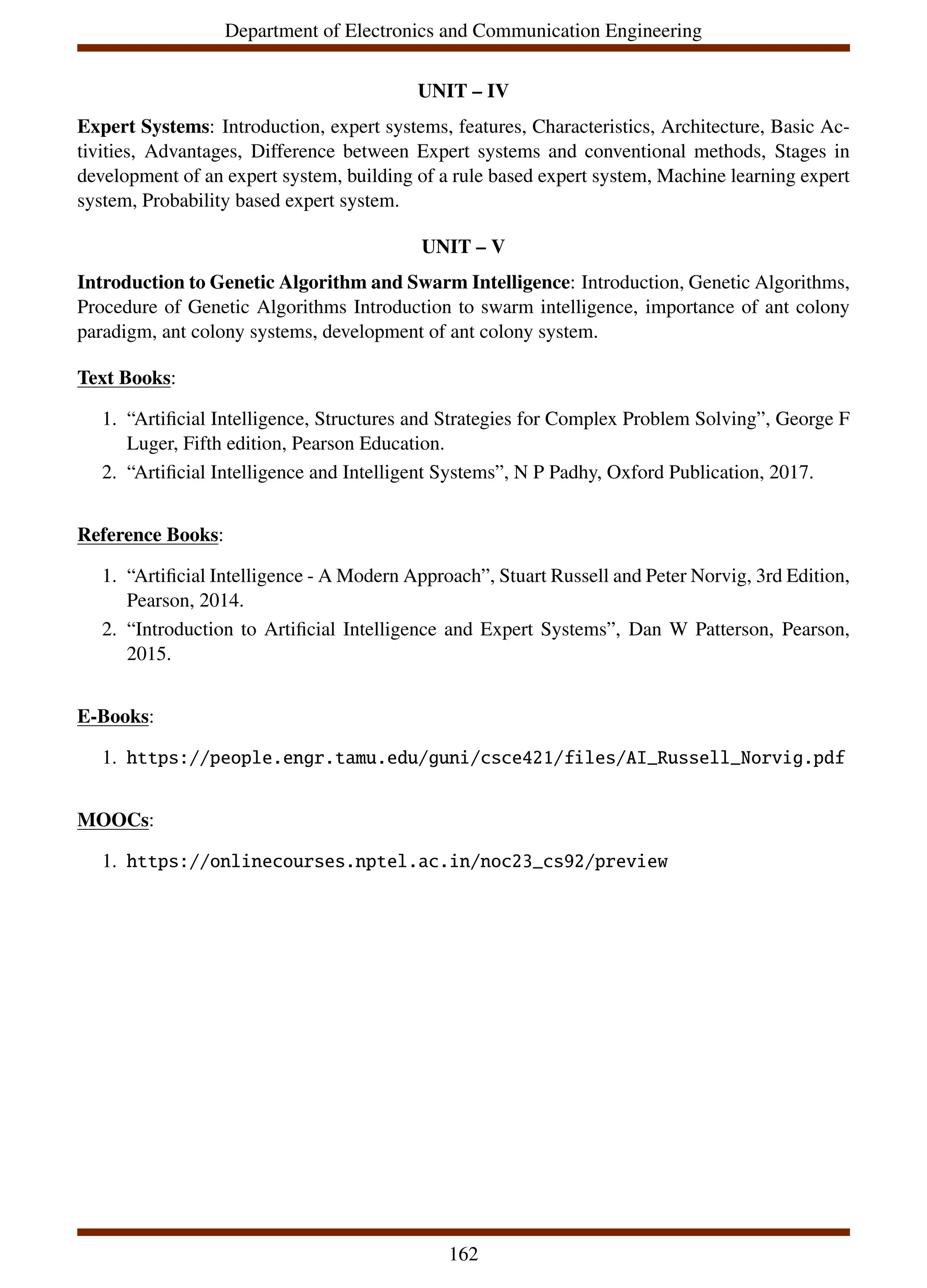 Department of Electronics and Communication Engineering
UNIT – IV
Expert Systems: Introduction, expert systems, features, Characteristics, Architecture, Basic Ac-
tivities, Advantages, Difference between Expert systems and conventional methods, Stages in
development of an expert system, building of a rule based expert system, Machine learning expert
system, Probability based expert system.
UNIT – V
Introduction to Genetic Algorithm and Swarm Intelligence: Introduction, Genetic Algorithms,
Procedure of Genetic Algorithms Introduction to swarm intelligence, importance of ant colony
paradigm, ant colony systems, development of ant colony system.
Text Books:
1. “Artificial Intelligence, Structures and Strategies for Complex Problem Solving”, George F
Luger, Fifth edition, Pearson Education.
2. “Artificial Intelligence and Intelligent Systems”, N P Padhy, Oxford Publication, 2017.
Reference Books:
1. “Artificial Intelligence - A Modern Approach”, Stuart Russell and Peter Norvig, 3rd Edition,
Pearson, 2014.
2. “Introduction to Artificial Intelligence and Expert Systems”, Dan W Patterson, Pearson,
2015.
E-Books:
1. https://people.engr.tamu.edu/guni/csce421/files/AI_Russell_Norvig.pdf
MOOCs:
1. https://onlinecourses.nptel.ac.in/noc23_cs92/preview
162
 