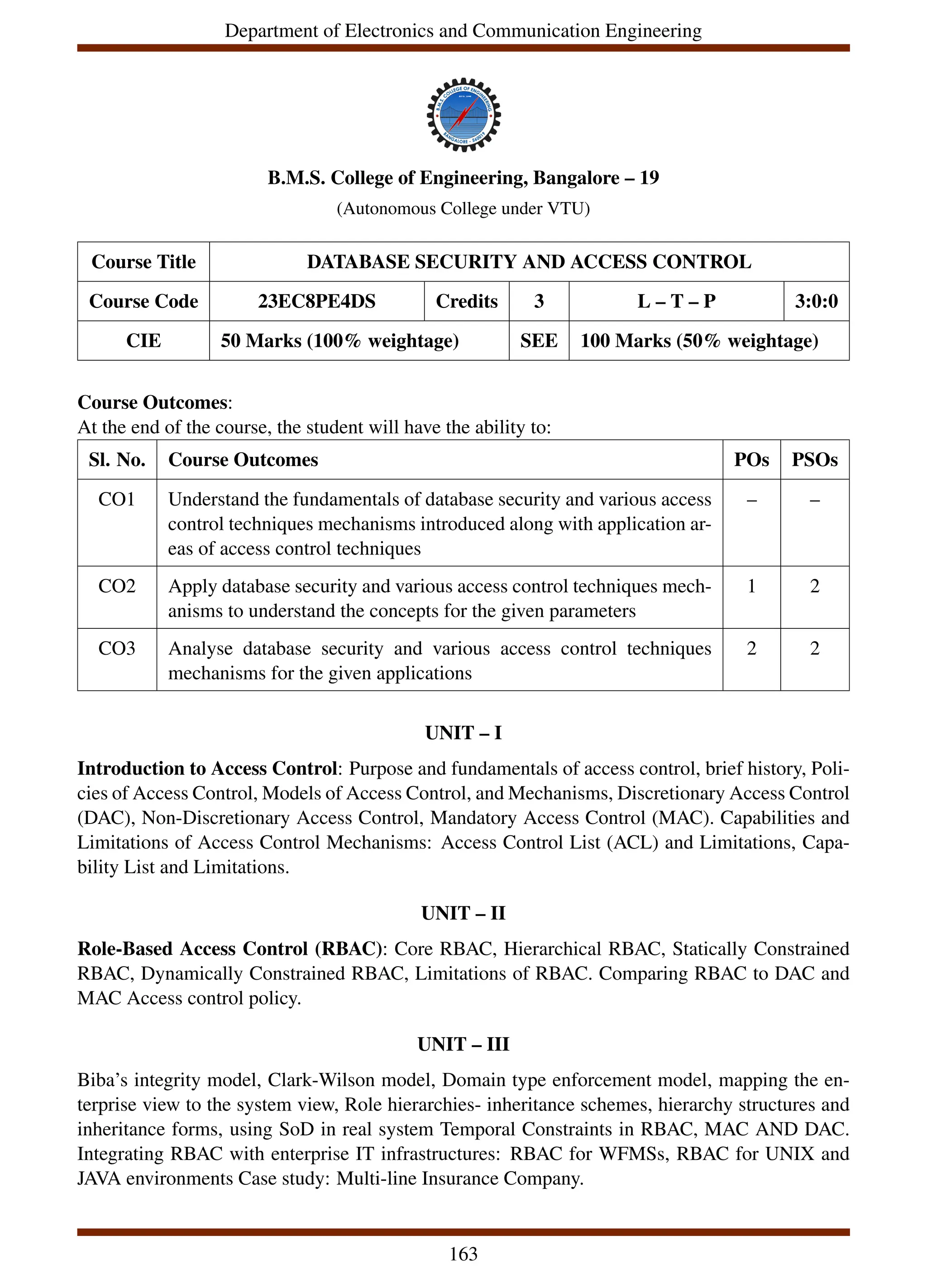 Department of Electronics and Communication Engineering
B.M.S. College of Engineering, Bangalore – 19
(Autonomous College under VTU)
Course Title DATABASE SECURITY AND ACCESS CONTROL
Course Code 23EC8PE4DS Credits 3 L – T – P 3:0:0
CIE 50 Marks (100% weightage) SEE 100 Marks (50% weightage)
Course Outcomes:
At the end of the course, the student will have the ability to:
Sl. No. Course Outcomes POs PSOs
CO1 Understand the fundamentals of database security and various access
control techniques mechanisms introduced along with application ar-
eas of access control techniques
– –
CO2 Apply database security and various access control techniques mech-
anisms to understand the concepts for the given parameters
1 2
CO3 Analyse database security and various access control techniques
mechanisms for the given applications
2 2
UNIT – I
Introduction to Access Control: Purpose and fundamentals of access control, brief history, Poli-
cies of Access Control, Models of Access Control, and Mechanisms, Discretionary Access Control
(DAC), Non-Discretionary Access Control, Mandatory Access Control (MAC). Capabilities and
Limitations of Access Control Mechanisms: Access Control List (ACL) and Limitations, Capa-
bility List and Limitations.
UNIT – II
Role-Based Access Control (RBAC): Core RBAC, Hierarchical RBAC, Statically Constrained
RBAC, Dynamically Constrained RBAC, Limitations of RBAC. Comparing RBAC to DAC and
MAC Access control policy.
UNIT – III
Biba’s integrity model, Clark-Wilson model, Domain type enforcement model, mapping the en-
terprise view to the system view, Role hierarchies- inheritance schemes, hierarchy structures and
inheritance forms, using SoD in real system Temporal Constraints in RBAC, MAC AND DAC.
Integrating RBAC with enterprise IT infrastructures: RBAC for WFMSs, RBAC for UNIX and
JAVA environments Case study: Multi-line Insurance Company.
163
 