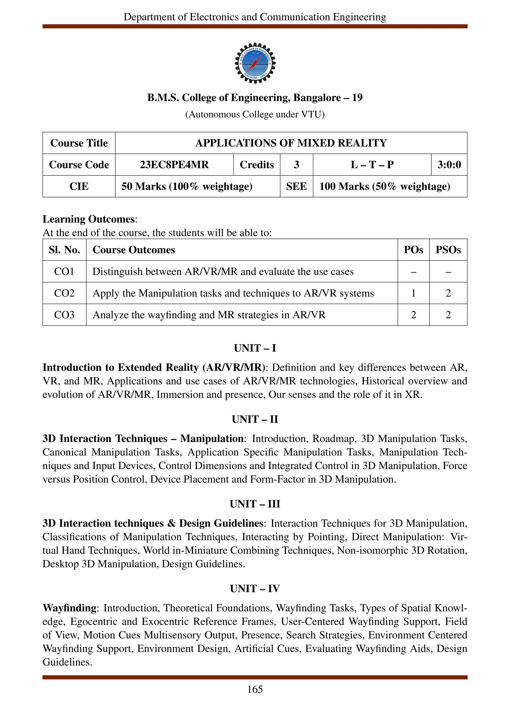 Department of Electronics and Communication Engineering
B.M.S. College of Engineering, Bangalore – 19
(Autonomous College under VTU)
Course Title APPLICATIONS OF MIXED REALITY
Course Code 23EC8PE4MR Credits 3 L – T – P 3:0:0
CIE 50 Marks (100% weightage) SEE 100 Marks (50% weightage)
Learning Outcomes:
At the end of the course, the students will be able to:
Sl. No. Course Outcomes POs PSOs
CO1 Distinguish between AR/VR/MR and evaluate the use cases – –
CO2 Apply the Manipulation tasks and techniques to AR/VR systems 1 2
CO3 Analyze the wayfinding and MR strategies in AR/VR 2 2
UNIT – I
Introduction to Extended Reality (AR/VR/MR): Definition and key differences between AR,
VR, and MR, Applications and use cases of AR/VR/MR technologies, Historical overview and
evolution of AR/VR/MR, Immersion and presence, Our senses and the role of it in XR.
UNIT – II
3D Interaction Techniques – Manipulation: Introduction, Roadmap, 3D Manipulation Tasks,
Canonical Manipulation Tasks, Application Specific Manipulation Tasks, Manipulation Tech-
niques and Input Devices, Control Dimensions and Integrated Control in 3D Manipulation, Force
versus Position Control, Device Placement and Form-Factor in 3D Manipulation.
UNIT – III
3D Interaction techniques & Design Guidelines: Interaction Techniques for 3D Manipulation,
Classifications of Manipulation Techniques, Interacting by Pointing, Direct Manipulation: Vir-
tual Hand Techniques, World in-Miniature Combining Techniques, Non-isomorphic 3D Rotation,
Desktop 3D Manipulation, Design Guidelines.
UNIT – IV
Wayfinding: Introduction, Theoretical Foundations, Wayfinding Tasks, Types of Spatial Knowl-
edge, Egocentric and Exocentric Reference Frames, User-Centered Wayfinding Support, Field
of View, Motion Cues Multisensory Output, Presence, Search Strategies, Environment Centered
Wayfinding Support, Environment Design, Artificial Cues, Evaluating Wayfinding Aids, Design
Guidelines.
165
 