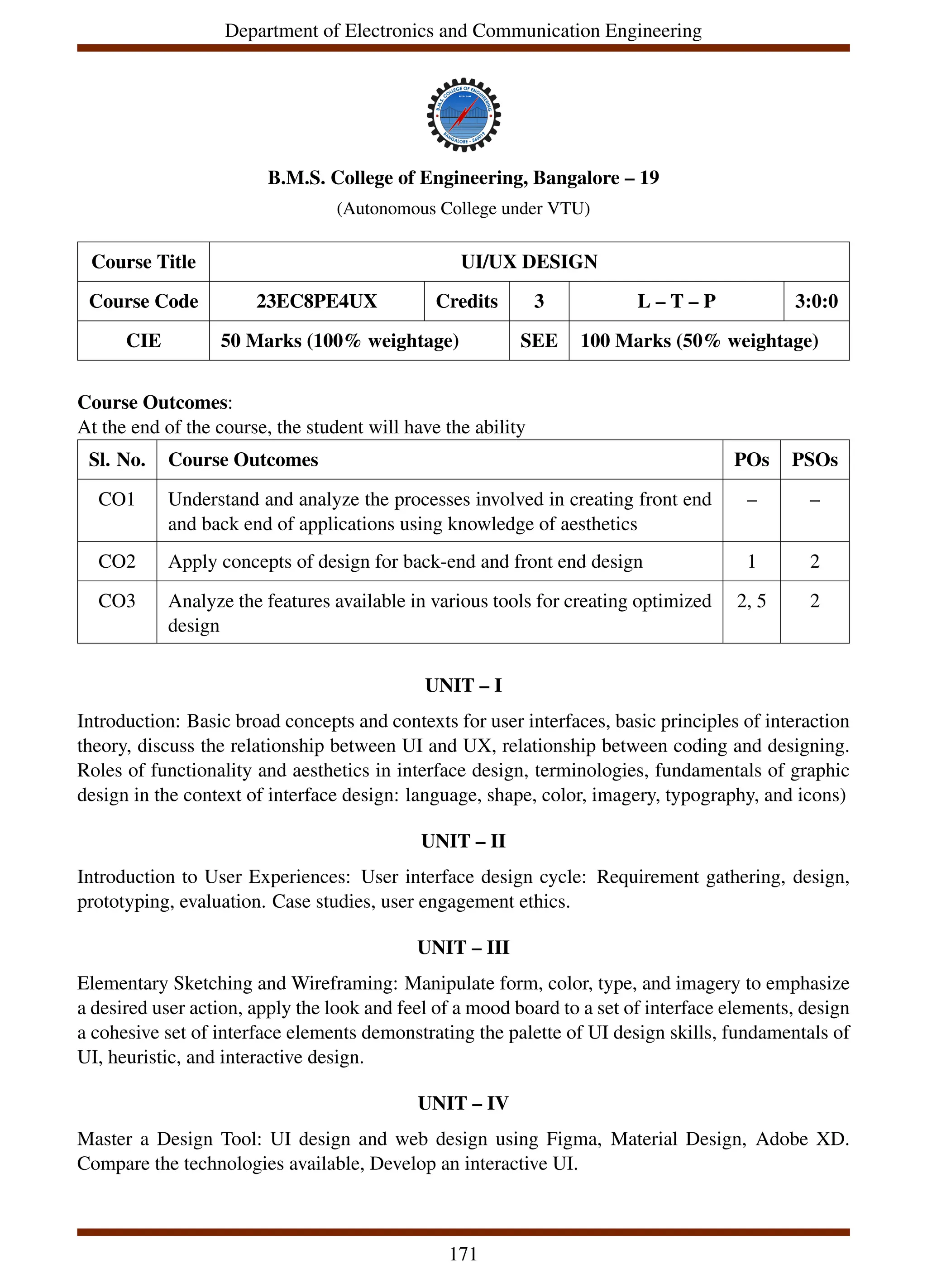 Department of Electronics and Communication Engineering
B.M.S. College of Engineering, Bangalore – 19
(Autonomous College under VTU)
Course Title UI/UX DESIGN
Course Code 23EC8PE4UX Credits 3 L – T – P 3:0:0
CIE 50 Marks (100% weightage) SEE 100 Marks (50% weightage)
Course Outcomes:
At the end of the course, the student will have the ability
Sl. No. Course Outcomes POs PSOs
CO1 Understand and analyze the processes involved in creating front end
and back end of applications using knowledge of aesthetics
– –
CO2 Apply concepts of design for back-end and front end design 1 2
CO3 Analyze the features available in various tools for creating optimized
design
2, 5 2
UNIT – I
Introduction: Basic broad concepts and contexts for user interfaces, basic principles of interaction
theory, discuss the relationship between UI and UX, relationship between coding and designing.
Roles of functionality and aesthetics in interface design, terminologies, fundamentals of graphic
design in the context of interface design: language, shape, color, imagery, typography, and icons)
UNIT – II
Introduction to User Experiences: User interface design cycle: Requirement gathering, design,
prototyping, evaluation. Case studies, user engagement ethics.
UNIT – III
Elementary Sketching and Wireframing: Manipulate form, color, type, and imagery to emphasize
a desired user action, apply the look and feel of a mood board to a set of interface elements, design
a cohesive set of interface elements demonstrating the palette of UI design skills, fundamentals of
UI, heuristic, and interactive design.
UNIT – IV
Master a Design Tool: UI design and web design using Figma, Material Design, Adobe XD.
Compare the technologies available, Develop an interactive UI.
171
 