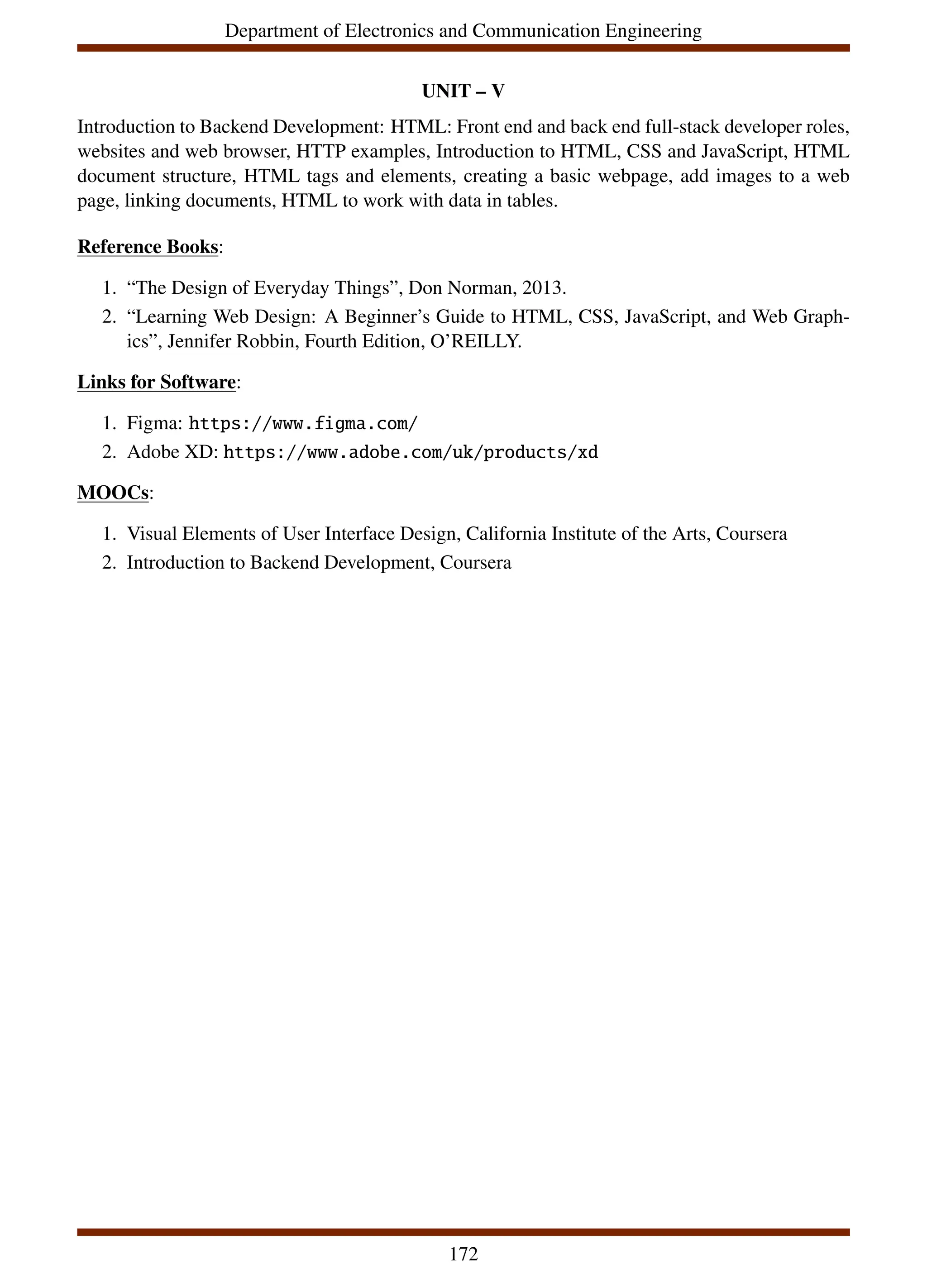 Department of Electronics and Communication Engineering
UNIT – V
Introduction to Backend Development: HTML: Front end and back end full-stack developer roles,
websites and web browser, HTTP examples, Introduction to HTML, CSS and JavaScript, HTML
document structure, HTML tags and elements, creating a basic webpage, add images to a web
page, linking documents, HTML to work with data in tables.
Reference Books:
1. “The Design of Everyday Things”, Don Norman, 2013.
2. “Learning Web Design: A Beginner’s Guide to HTML, CSS, JavaScript, and Web Graph-
ics”, Jennifer Robbin, Fourth Edition, O’REILLY.
Links for Software:
1. Figma: https://www.figma.com/
2. Adobe XD: https://www.adobe.com/uk/products/xd
MOOCs:
1. Visual Elements of User Interface Design, California Institute of the Arts, Coursera
2. Introduction to Backend Development, Coursera
172
 