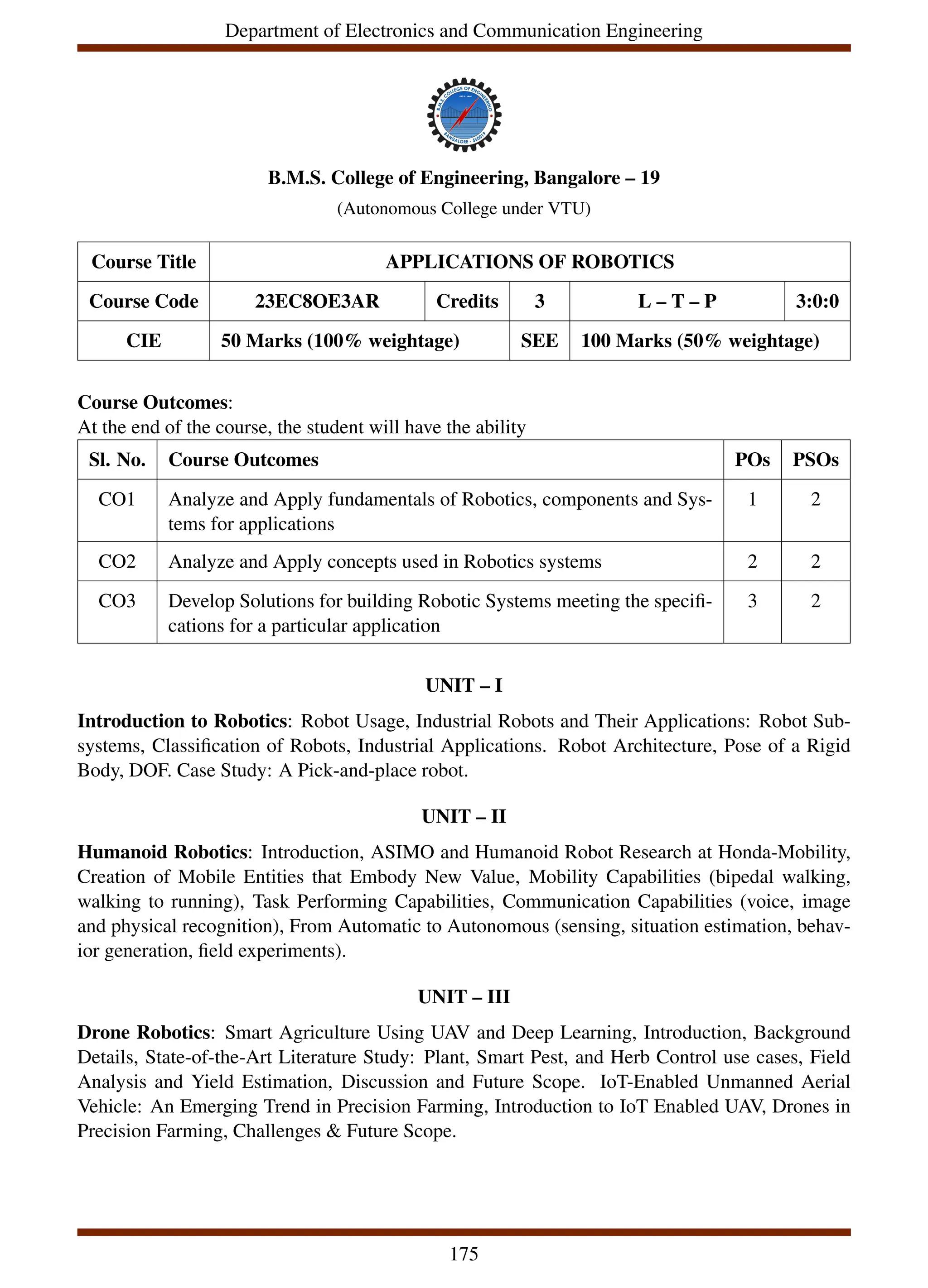 Department of Electronics and Communication Engineering
B.M.S. College of Engineering, Bangalore – 19
(Autonomous College under VTU)
Course Title APPLICATIONS OF ROBOTICS
Course Code 23EC8OE3AR Credits 3 L – T – P 3:0:0
CIE 50 Marks (100% weightage) SEE 100 Marks (50% weightage)
Course Outcomes:
At the end of the course, the student will have the ability
Sl. No. Course Outcomes POs PSOs
CO1 Analyze and Apply fundamentals of Robotics, components and Sys-
tems for applications
1 2
CO2 Analyze and Apply concepts used in Robotics systems 2 2
CO3 Develop Solutions for building Robotic Systems meeting the specifi-
cations for a particular application
3 2
UNIT – I
Introduction to Robotics: Robot Usage, Industrial Robots and Their Applications: Robot Sub-
systems, Classification of Robots, Industrial Applications. Robot Architecture, Pose of a Rigid
Body, DOF. Case Study: A Pick-and-place robot.
UNIT – II
Humanoid Robotics: Introduction, ASIMO and Humanoid Robot Research at Honda-Mobility,
Creation of Mobile Entities that Embody New Value, Mobility Capabilities (bipedal walking,
walking to running), Task Performing Capabilities, Communication Capabilities (voice, image
and physical recognition), From Automatic to Autonomous (sensing, situation estimation, behav-
ior generation, field experiments).
UNIT – III
Drone Robotics: Smart Agriculture Using UAV and Deep Learning, Introduction, Background
Details, State-of-the-Art Literature Study: Plant, Smart Pest, and Herb Control use cases, Field
Analysis and Yield Estimation, Discussion and Future Scope. IoT-Enabled Unmanned Aerial
Vehicle: An Emerging Trend in Precision Farming, Introduction to IoT Enabled UAV, Drones in
Precision Farming, Challenges & Future Scope.
175
 