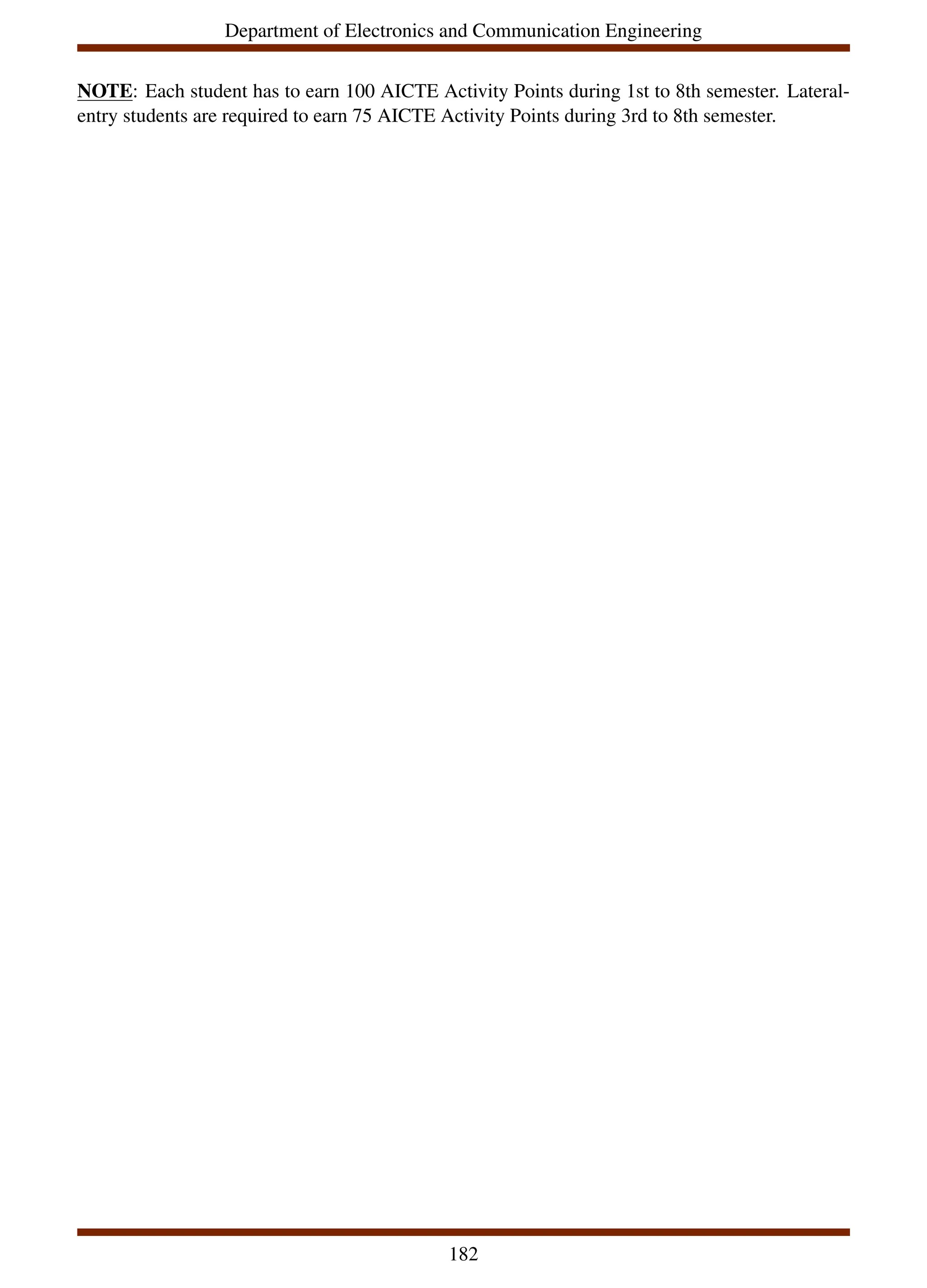 Department of Electronics and Communication Engineering
NOTE: Each student has to earn 100 AICTE Activity Points during 1st to 8th semester. Lateral-
entry students are required to earn 75 AICTE Activity Points during 3rd to 8th semester.
182
 