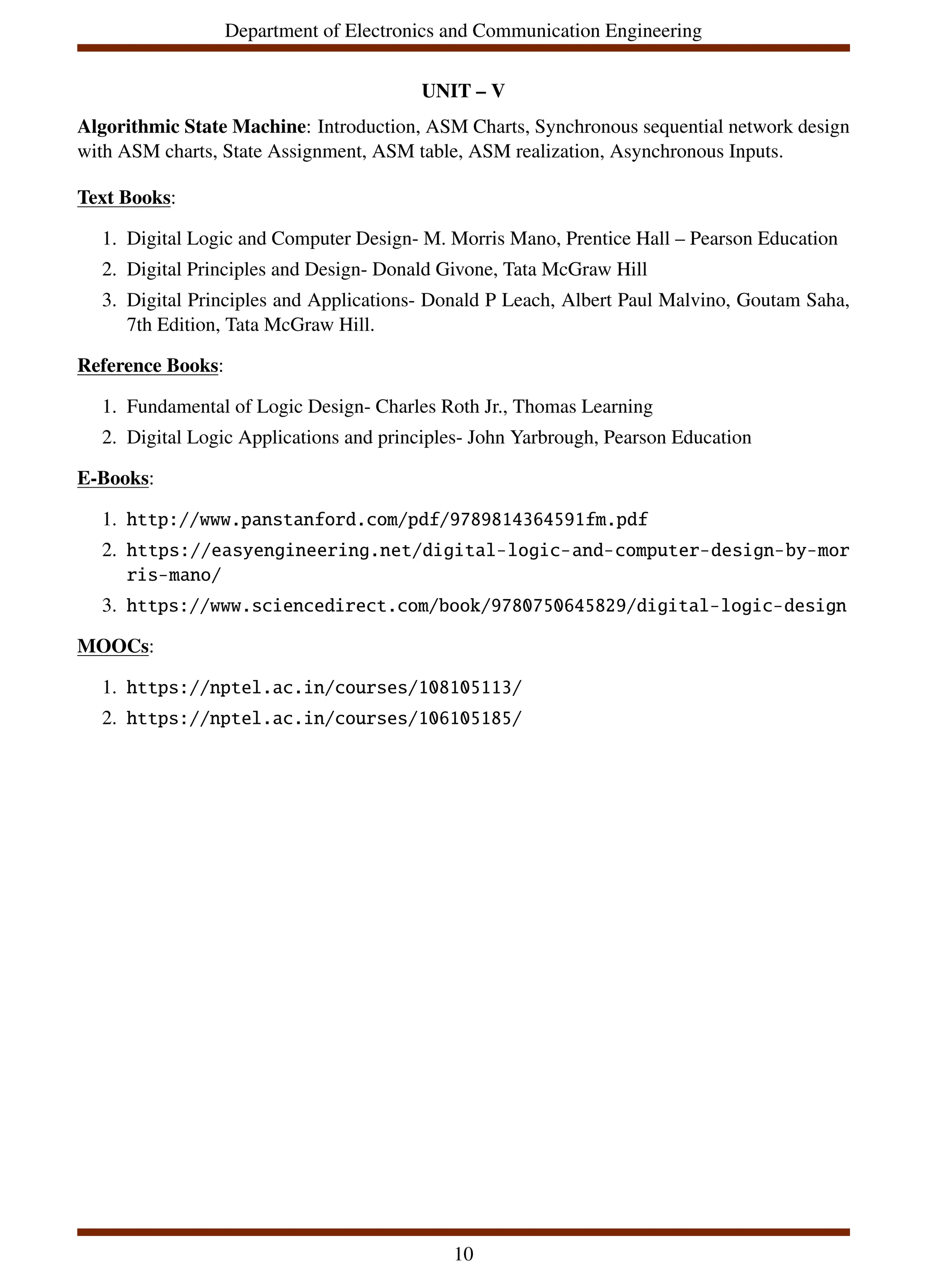 Department of Electronics and Communication Engineering
UNIT – V
Algorithmic State Machine: Introduction, ASM Charts, Synchronous sequential network design
with ASM charts, State Assignment, ASM table, ASM realization, Asynchronous Inputs.
Text Books:
1. Digital Logic and Computer Design- M. Morris Mano, Prentice Hall – Pearson Education
2. Digital Principles and Design- Donald Givone, Tata McGraw Hill
3. Digital Principles and Applications- Donald P Leach, Albert Paul Malvino, Goutam Saha,
7th Edition, Tata McGraw Hill.
Reference Books:
1. Fundamental of Logic Design- Charles Roth Jr., Thomas Learning
2. Digital Logic Applications and principles- John Yarbrough, Pearson Education
E-Books:
1. http://www.panstanford.com/pdf/9789814364591fm.pdf
2. https://easyengineering.net/digital-logic-and-computer-design-by-mor
ris-mano/
3. https://www.sciencedirect.com/book/9780750645829/digital-logic-design
MOOCs:
1. https://nptel.ac.in/courses/108105113/
2. https://nptel.ac.in/courses/106105185/
10
 