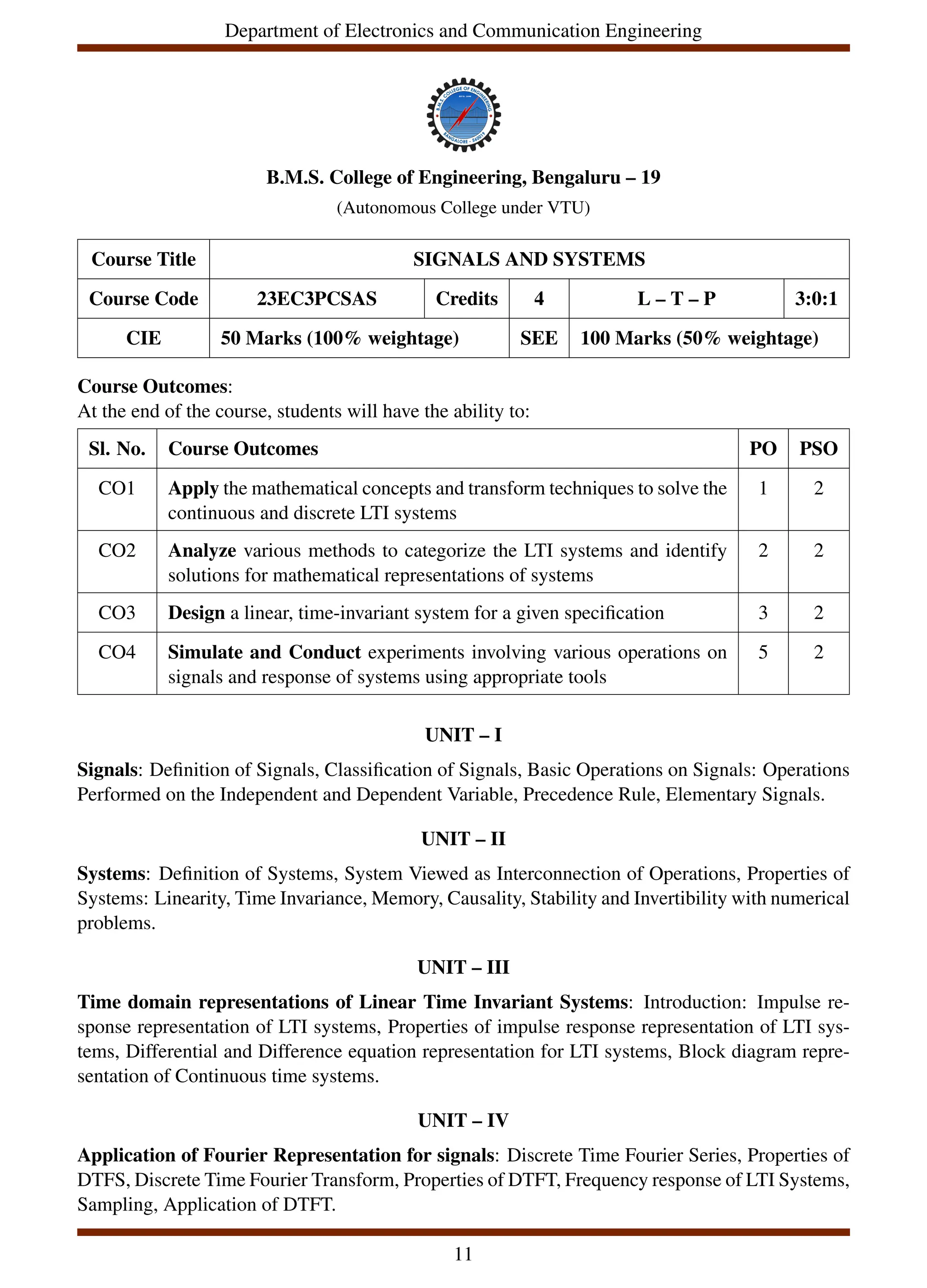 Department of Electronics and Communication Engineering
B.M.S. College of Engineering, Bengaluru – 19
(Autonomous College under VTU)
Course Title SIGNALS AND SYSTEMS
Course Code 23EC3PCSAS Credits 4 L – T – P 3:0:1
CIE 50 Marks (100% weightage) SEE 100 Marks (50% weightage)
Course Outcomes:
At the end of the course, students will have the ability to:
Sl. No. Course Outcomes PO PSO
CO1 Apply the mathematical concepts and transform techniques to solve the
continuous and discrete LTI systems
1 2
CO2 Analyze various methods to categorize the LTI systems and identify
solutions for mathematical representations of systems
2 2
CO3 Design a linear, time-invariant system for a given specification 3 2
CO4 Simulate and Conduct experiments involving various operations on
signals and response of systems using appropriate tools
5 2
UNIT – I
Signals: Definition of Signals, Classification of Signals, Basic Operations on Signals: Operations
Performed on the Independent and Dependent Variable, Precedence Rule, Elementary Signals.
UNIT – II
Systems: Definition of Systems, System Viewed as Interconnection of Operations, Properties of
Systems: Linearity, Time Invariance, Memory, Causality, Stability and Invertibility with numerical
problems.
UNIT – III
Time domain representations of Linear Time Invariant Systems: Introduction: Impulse re-
sponse representation of LTI systems, Properties of impulse response representation of LTI sys-
tems, Differential and Difference equation representation for LTI systems, Block diagram repre-
sentation of Continuous time systems.
UNIT – IV
Application of Fourier Representation for signals: Discrete Time Fourier Series, Properties of
DTFS, Discrete Time Fourier Transform, Properties of DTFT, Frequency response of LTI Systems,
Sampling, Application of DTFT.
11
 