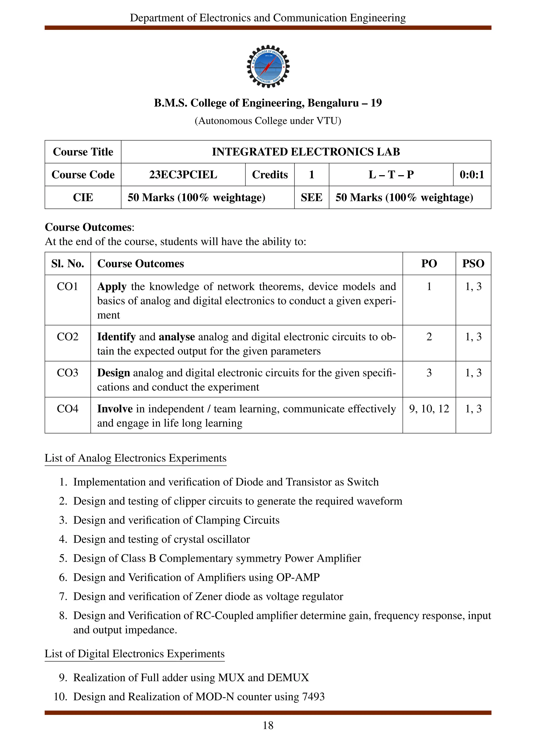 Department of Electronics and Communication Engineering
B.M.S. College of Engineering, Bengaluru – 19
(Autonomous College under VTU)
Course Title INTEGRATED ELECTRONICS LAB
Course Code 23EC3PCIEL Credits 1 L – T – P 0:0:1
CIE 50 Marks (100% weightage) SEE 50 Marks (100% weightage)
Course Outcomes:
At the end of the course, students will have the ability to:
Sl. No. Course Outcomes PO PSO
CO1 Apply the knowledge of network theorems, device models and
basics of analog and digital electronics to conduct a given experi-
ment
1 1, 3
CO2 Identify and analyse analog and digital electronic circuits to ob-
tain the expected output for the given parameters
2 1, 3
CO3 Design analog and digital electronic circuits for the given specifi-
cations and conduct the experiment
3 1, 3
CO4 Involve in independent / team learning, communicate effectively
and engage in life long learning
9, 10, 12 1, 3
List of Analog Electronics Experiments
1. Implementation and verification of Diode and Transistor as Switch
2. Design and testing of clipper circuits to generate the required waveform
3. Design and verification of Clamping Circuits
4. Design and testing of crystal oscillator
5. Design of Class B Complementary symmetry Power Amplifier
6. Design and Verification of Amplifiers using OP-AMP
7. Design and verification of Zener diode as voltage regulator
8. Design and Verification of RC-Coupled amplifier determine gain, frequency response, input
and output impedance.
List of Digital Electronics Experiments
9. Realization of Full adder using MUX and DEMUX
10. Design and Realization of MOD-N counter using 7493
18
 