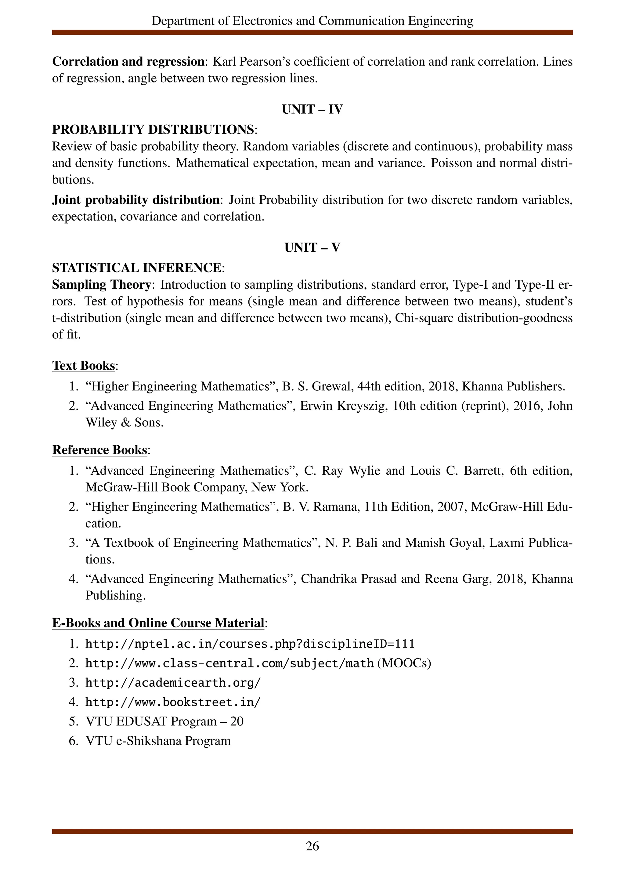 Department of Electronics and Communication Engineering
Correlation and regression: Karl Pearson’s coefficient of correlation and rank correlation. Lines
of regression, angle between two regression lines.
UNIT – IV
PROBABILITY DISTRIBUTIONS:
Review of basic probability theory. Random variables (discrete and continuous), probability mass
and density functions. Mathematical expectation, mean and variance. Poisson and normal distri-
butions.
Joint probability distribution: Joint Probability distribution for two discrete random variables,
expectation, covariance and correlation.
UNIT – V
STATISTICAL INFERENCE:
Sampling Theory: Introduction to sampling distributions, standard error, Type-I and Type-II er-
rors. Test of hypothesis for means (single mean and difference between two means), student’s
t-distribution (single mean and difference between two means), Chi-square distribution-goodness
of fit.
Text Books:
1. “Higher Engineering Mathematics”, B. S. Grewal, 44th edition, 2018, Khanna Publishers.
2. “Advanced Engineering Mathematics”, Erwin Kreyszig, 10th edition (reprint), 2016, John
Wiley & Sons.
Reference Books:
1. “Advanced Engineering Mathematics”, C. Ray Wylie and Louis C. Barrett, 6th edition,
McGraw-Hill Book Company, New York.
2. “Higher Engineering Mathematics”, B. V. Ramana, 11th Edition, 2007, McGraw-Hill Edu-
cation.
3. “A Textbook of Engineering Mathematics”, N. P. Bali and Manish Goyal, Laxmi Publica-
tions.
4. “Advanced Engineering Mathematics”, Chandrika Prasad and Reena Garg, 2018, Khanna
Publishing.
E-Books and Online Course Material:
1. http://nptel.ac.in/courses.php?disciplineID=111
2. http://www.class-central.com/subject/math (MOOCs)
3. http://academicearth.org/
4. http://www.bookstreet.in/
5. VTU EDUSAT Program – 20
6. VTU e-Shikshana Program
26
 