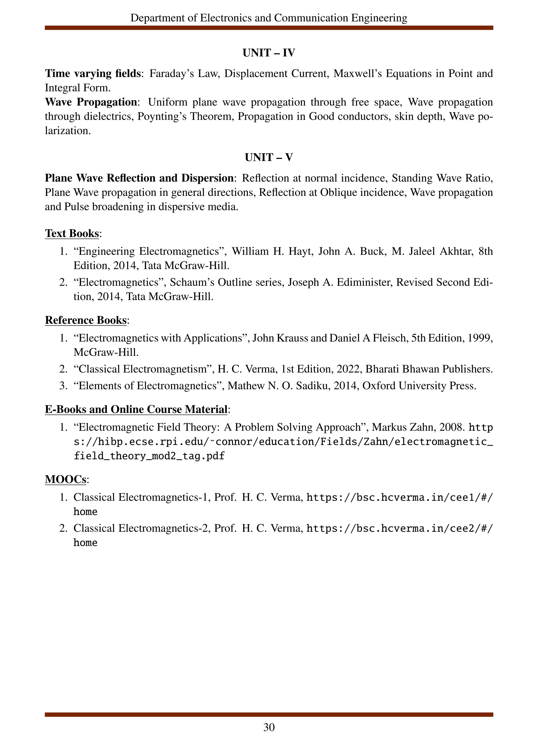 Department of Electronics and Communication Engineering
UNIT – IV
Time varying fields: Faraday’s Law, Displacement Current, Maxwell’s Equations in Point and
Integral Form.
Wave Propagation: Uniform plane wave propagation through free space, Wave propagation
through dielectrics, Poynting’s Theorem, Propagation in Good conductors, skin depth, Wave po-
larization.
UNIT – V
Plane Wave Reflection and Dispersion: Reflection at normal incidence, Standing Wave Ratio,
Plane Wave propagation in general directions, Reflection at Oblique incidence, Wave propagation
and Pulse broadening in dispersive media.
Text Books:
1. “Engineering Electromagnetics”, William H. Hayt, John A. Buck, M. Jaleel Akhtar, 8th
Edition, 2014, Tata McGraw-Hill.
2. “Electromagnetics”, Schaum’s Outline series, Joseph A. Ediminister, Revised Second Edi-
tion, 2014, Tata McGraw-Hill.
Reference Books:
1. “Electromagnetics with Applications”, John Krauss and Daniel A Fleisch, 5th Edition, 1999,
McGraw-Hill.
2. “Classical Electromagnetism”, H. C. Verma, 1st Edition, 2022, Bharati Bhawan Publishers.
3. “Elements of Electromagnetics”, Mathew N. O. Sadiku, 2014, Oxford University Press.
E-Books and Online Course Material:
1. “Electromagnetic Field Theory: A Problem Solving Approach”, Markus Zahn, 2008. http
s://hibp.ecse.rpi.edu/˜connor/education/Fields/Zahn/electromagnetic_
field_theory_mod2_tag.pdf
MOOCs:
1. Classical Electromagnetics-1, Prof. H. C. Verma, https://bsc.hcverma.in/cee1/#/
home
2. Classical Electromagnetics-2, Prof. H. C. Verma, https://bsc.hcverma.in/cee2/#/
home
30
 