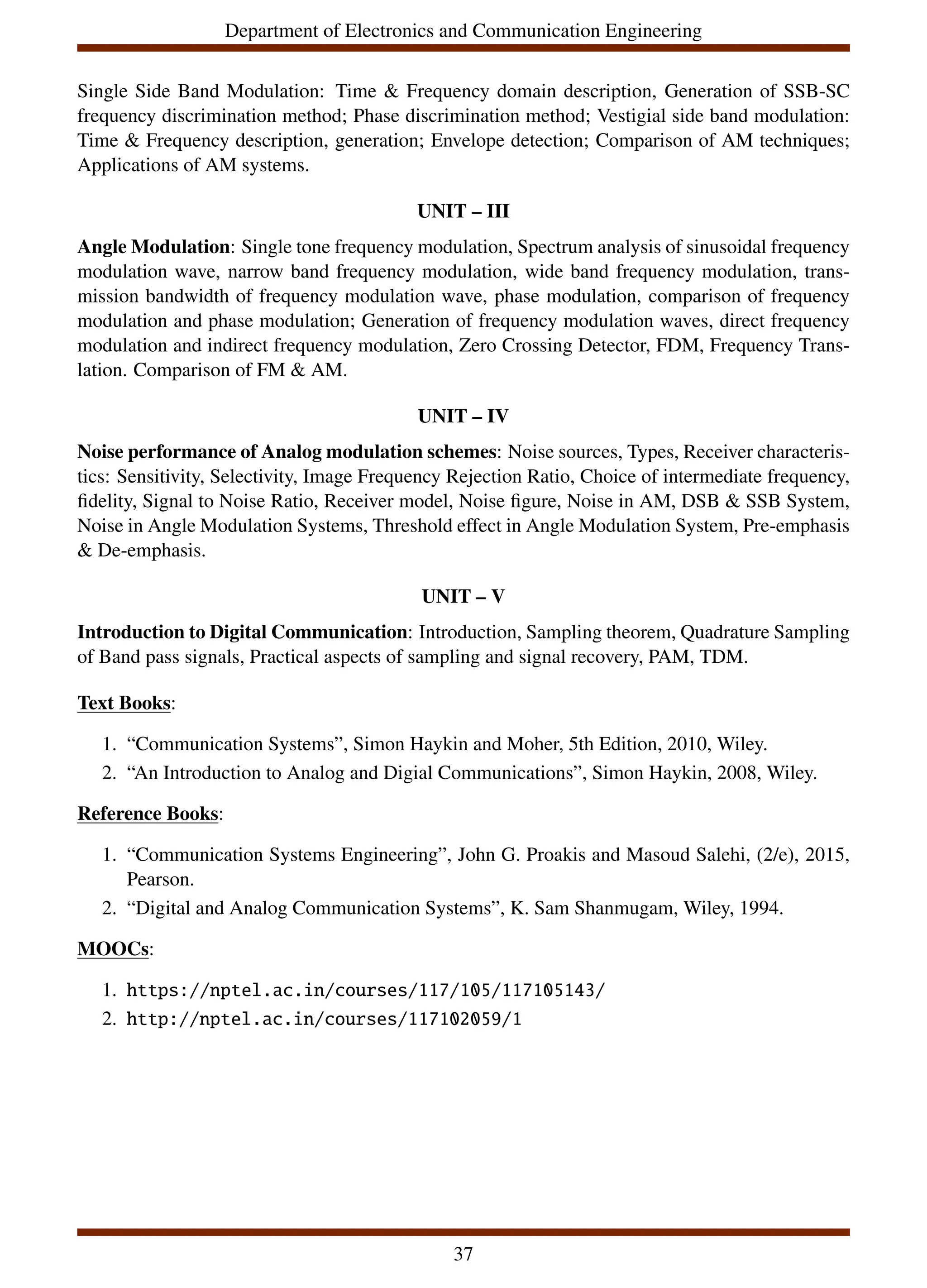 Department of Electronics and Communication Engineering
Single Side Band Modulation: Time & Frequency domain description, Generation of SSB-SC
frequency discrimination method; Phase discrimination method; Vestigial side band modulation:
Time & Frequency description, generation; Envelope detection; Comparison of AM techniques;
Applications of AM systems.
UNIT – III
Angle Modulation: Single tone frequency modulation, Spectrum analysis of sinusoidal frequency
modulation wave, narrow band frequency modulation, wide band frequency modulation, trans-
mission bandwidth of frequency modulation wave, phase modulation, comparison of frequency
modulation and phase modulation; Generation of frequency modulation waves, direct frequency
modulation and indirect frequency modulation, Zero Crossing Detector, FDM, Frequency Trans-
lation. Comparison of FM & AM.
UNIT – IV
Noise performance of Analog modulation schemes: Noise sources, Types, Receiver characteris-
tics: Sensitivity, Selectivity, Image Frequency Rejection Ratio, Choice of intermediate frequency,
fidelity, Signal to Noise Ratio, Receiver model, Noise figure, Noise in AM, DSB & SSB System,
Noise in Angle Modulation Systems, Threshold effect in Angle Modulation System, Pre-emphasis
& De-emphasis.
UNIT – V
Introduction to Digital Communication: Introduction, Sampling theorem, Quadrature Sampling
of Band pass signals, Practical aspects of sampling and signal recovery, PAM, TDM.
Text Books:
1. “Communication Systems”, Simon Haykin and Moher, 5th Edition, 2010, Wiley.
2. “An Introduction to Analog and Digial Communications”, Simon Haykin, 2008, Wiley.
Reference Books:
1. “Communication Systems Engineering”, John G. Proakis and Masoud Salehi, (2/e), 2015,
Pearson.
2. “Digital and Analog Communication Systems”, K. Sam Shanmugam, Wiley, 1994.
MOOCs:
1. https://nptel.ac.in/courses/117/105/117105143/
2. http://nptel.ac.in/courses/117102059/1
37
 