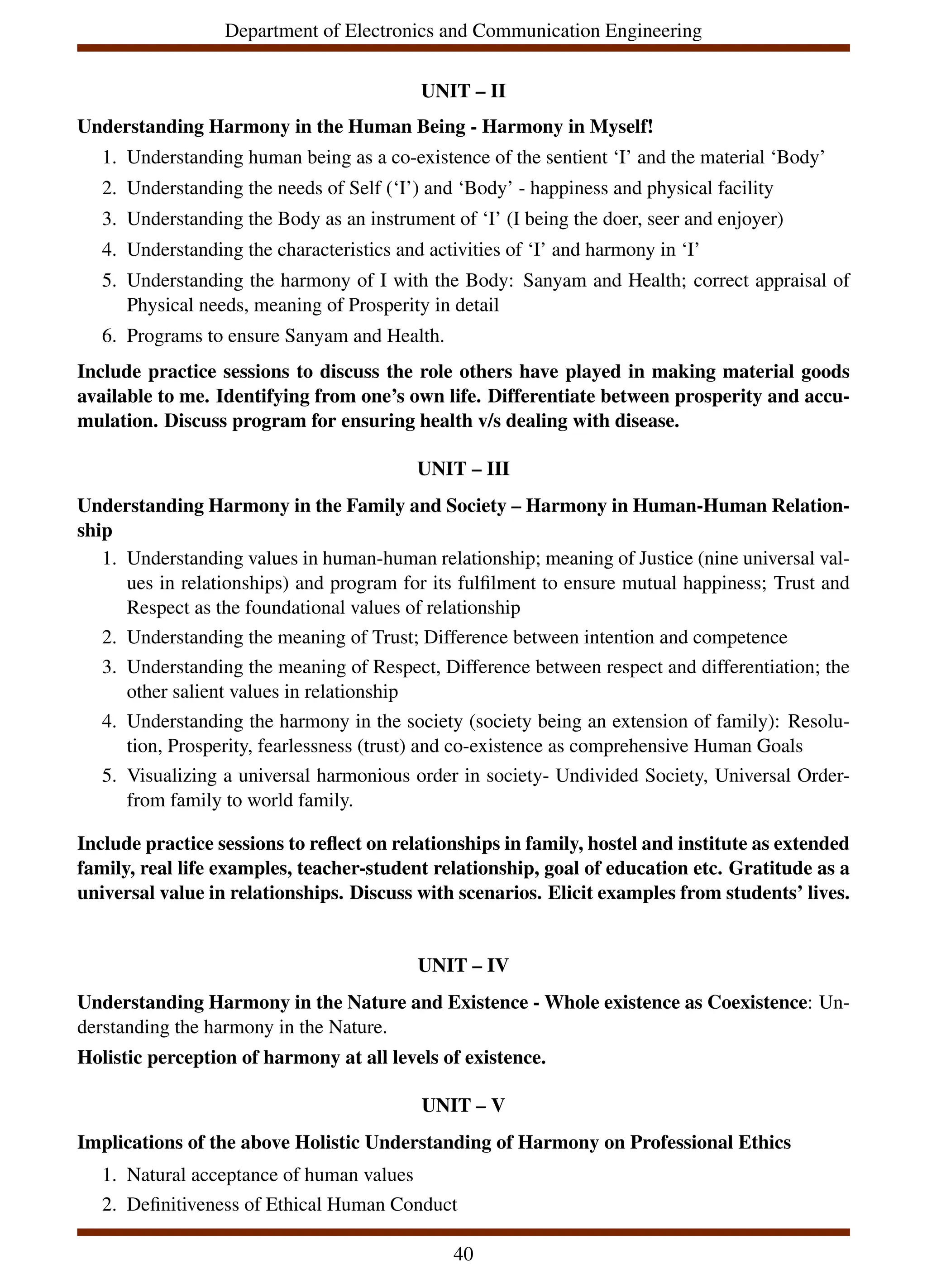 Department of Electronics and Communication Engineering
UNIT – II
Understanding Harmony in the Human Being - Harmony in Myself!
1. Understanding human being as a co-existence of the sentient ‘I’ and the material ‘Body’
2. Understanding the needs of Self (‘I’) and ‘Body’ - happiness and physical facility
3. Understanding the Body as an instrument of ‘I’ (I being the doer, seer and enjoyer)
4. Understanding the characteristics and activities of ‘I’ and harmony in ‘I’
5. Understanding the harmony of I with the Body: Sanyam and Health; correct appraisal of
Physical needs, meaning of Prosperity in detail
6. Programs to ensure Sanyam and Health.
Include practice sessions to discuss the role others have played in making material goods
available to me. Identifying from one’s own life. Differentiate between prosperity and accu-
mulation. Discuss program for ensuring health v/s dealing with disease.
UNIT – III
Understanding Harmony in the Family and Society – Harmony in Human-Human Relation-
ship
1. Understanding values in human-human relationship; meaning of Justice (nine universal val-
ues in relationships) and program for its fulfilment to ensure mutual happiness; Trust and
Respect as the foundational values of relationship
2. Understanding the meaning of Trust; Difference between intention and competence
3. Understanding the meaning of Respect, Difference between respect and differentiation; the
other salient values in relationship
4. Understanding the harmony in the society (society being an extension of family): Resolu-
tion, Prosperity, fearlessness (trust) and co-existence as comprehensive Human Goals
5. Visualizing a universal harmonious order in society- Undivided Society, Universal Order-
from family to world family.
Include practice sessions to reflect on relationships in family, hostel and institute as extended
family, real life examples, teacher-student relationship, goal of education etc. Gratitude as a
universal value in relationships. Discuss with scenarios. Elicit examples from students’ lives.
UNIT – IV
Understanding Harmony in the Nature and Existence - Whole existence as Coexistence: Un-
derstanding the harmony in the Nature.
Holistic perception of harmony at all levels of existence.
UNIT – V
Implications of the above Holistic Understanding of Harmony on Professional Ethics
1. Natural acceptance of human values
2. Definitiveness of Ethical Human Conduct
40
 