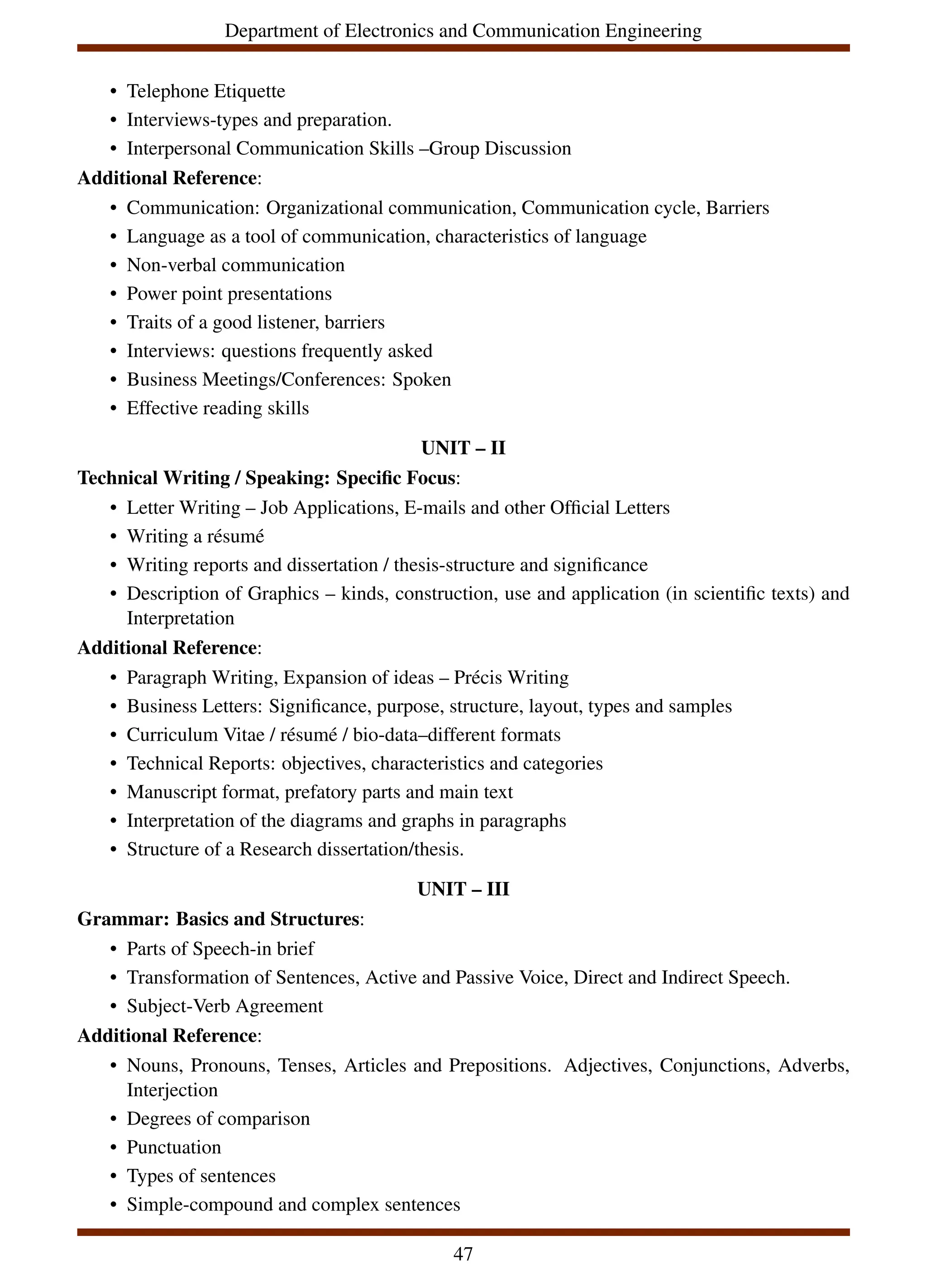 Department of Electronics and Communication Engineering
• Telephone Etiquette
• Interviews-types and preparation.
• Interpersonal Communication Skills –Group Discussion
Additional Reference:
• Communication: Organizational communication, Communication cycle, Barriers
• Language as a tool of communication, characteristics of language
• Non-verbal communication
• Power point presentations
• Traits of a good listener, barriers
• Interviews: questions frequently asked
• Business Meetings/Conferences: Spoken
• Effective reading skills
UNIT – II
Technical Writing / Speaking: Specific Focus:
• Letter Writing – Job Applications, E-mails and other Official Letters
• Writing a résumé
• Writing reports and dissertation / thesis-structure and significance
• Description of Graphics – kinds, construction, use and application (in scientific texts) and
Interpretation
Additional Reference:
• Paragraph Writing, Expansion of ideas – Précis Writing
• Business Letters: Significance, purpose, structure, layout, types and samples
• Curriculum Vitae / résumé / bio-data–different formats
• Technical Reports: objectives, characteristics and categories
• Manuscript format, prefatory parts and main text
• Interpretation of the diagrams and graphs in paragraphs
• Structure of a Research dissertation/thesis.
UNIT – III
Grammar: Basics and Structures:
• Parts of Speech-in brief
• Transformation of Sentences, Active and Passive Voice, Direct and Indirect Speech.
• Subject-Verb Agreement
Additional Reference:
• Nouns, Pronouns, Tenses, Articles and Prepositions. Adjectives, Conjunctions, Adverbs,
Interjection
• Degrees of comparison
• Punctuation
• Types of sentences
• Simple-compound and complex sentences
47
 