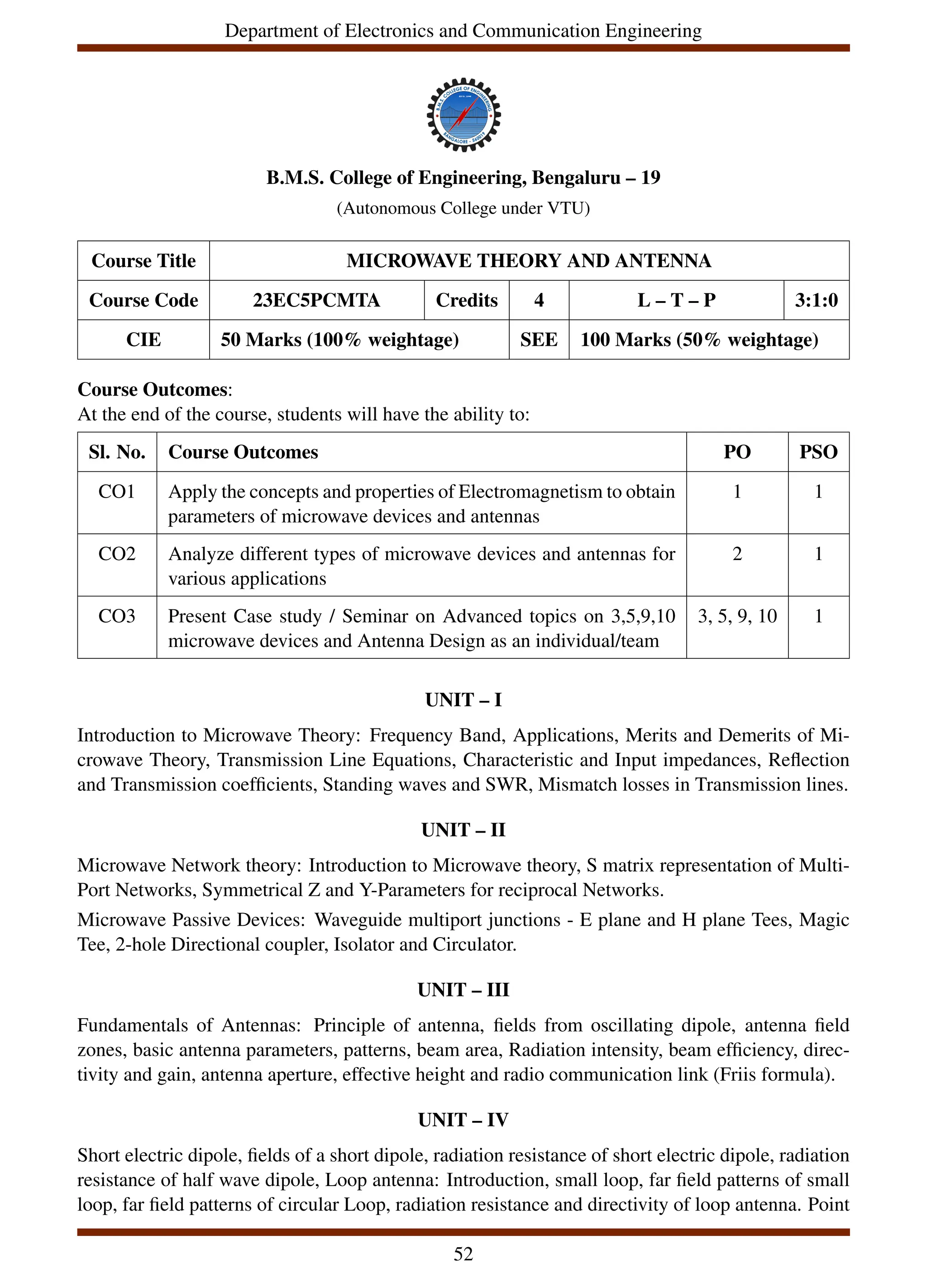 Department of Electronics and Communication Engineering
B.M.S. College of Engineering, Bengaluru – 19
(Autonomous College under VTU)
Course Title MICROWAVE THEORY AND ANTENNA
Course Code 23EC5PCMTA Credits 4 L – T – P 3:1:0
CIE 50 Marks (100% weightage) SEE 100 Marks (50% weightage)
Course Outcomes:
At the end of the course, students will have the ability to:
Sl. No. Course Outcomes PO PSO
CO1 Apply the concepts and properties of Electromagnetism to obtain
parameters of microwave devices and antennas
1 1
CO2 Analyze different types of microwave devices and antennas for
various applications
2 1
CO3 Present Case study / Seminar on Advanced topics on 3,5,9,10
microwave devices and Antenna Design as an individual/team
3, 5, 9, 10 1
UNIT – I
Introduction to Microwave Theory: Frequency Band, Applications, Merits and Demerits of Mi-
crowave Theory, Transmission Line Equations, Characteristic and Input impedances, Reflection
and Transmission coefficients, Standing waves and SWR, Mismatch losses in Transmission lines.
UNIT – II
Microwave Network theory: Introduction to Microwave theory, S matrix representation of Multi-
Port Networks, Symmetrical Z and Y-Parameters for reciprocal Networks.
Microwave Passive Devices: Waveguide multiport junctions - E plane and H plane Tees, Magic
Tee, 2-hole Directional coupler, Isolator and Circulator.
UNIT – III
Fundamentals of Antennas: Principle of antenna, fields from oscillating dipole, antenna field
zones, basic antenna parameters, patterns, beam area, Radiation intensity, beam efficiency, direc-
tivity and gain, antenna aperture, effective height and radio communication link (Friis formula).
UNIT – IV
Short electric dipole, fields of a short dipole, radiation resistance of short electric dipole, radiation
resistance of half wave dipole, Loop antenna: Introduction, small loop, far field patterns of small
loop, far field patterns of circular Loop, radiation resistance and directivity of loop antenna. Point
52
 
