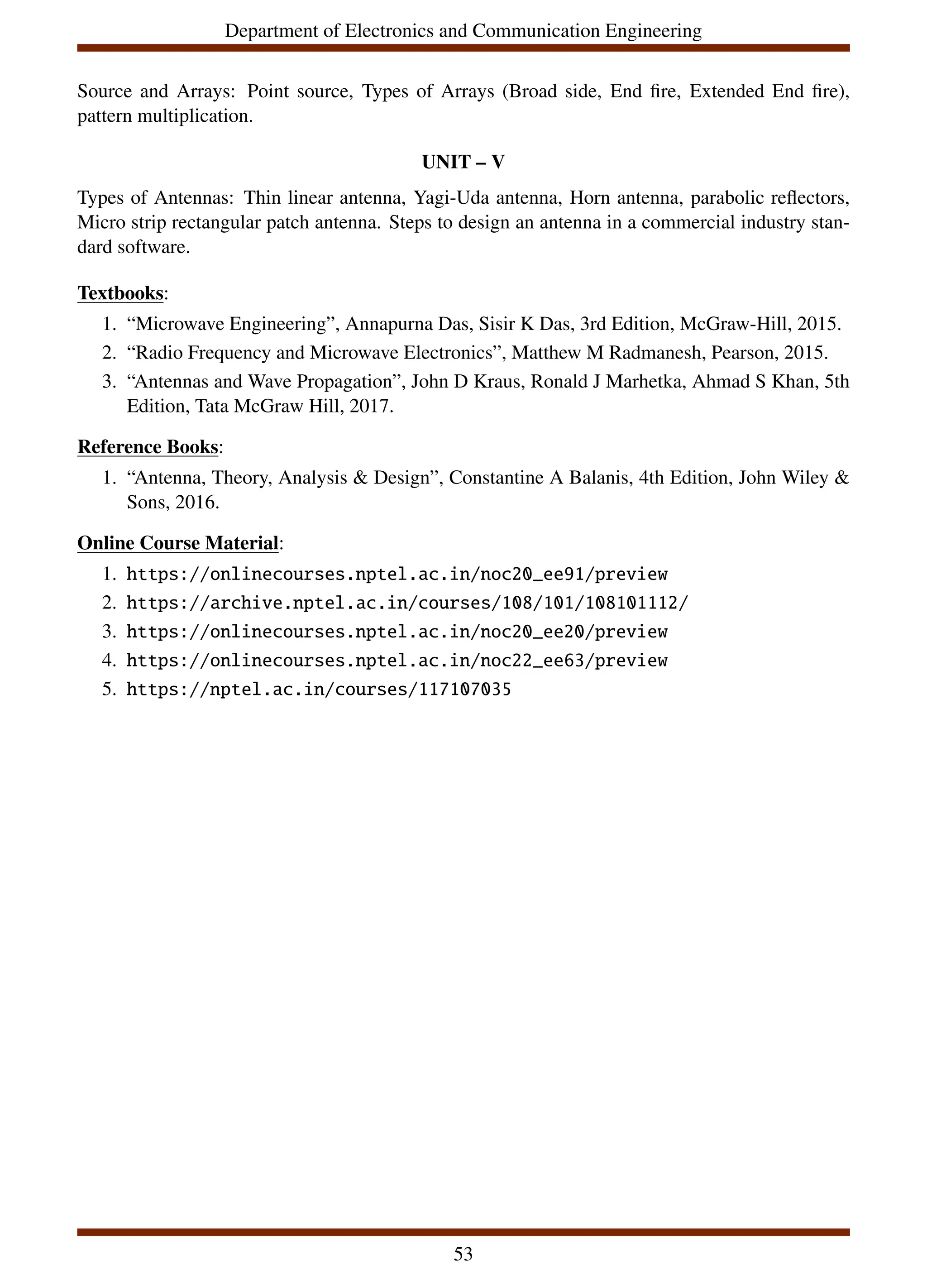 Department of Electronics and Communication Engineering
Source and Arrays: Point source, Types of Arrays (Broad side, End fire, Extended End fire),
pattern multiplication.
UNIT – V
Types of Antennas: Thin linear antenna, Yagi-Uda antenna, Horn antenna, parabolic reflectors,
Micro strip rectangular patch antenna. Steps to design an antenna in a commercial industry stan-
dard software.
Textbooks:
1. “Microwave Engineering”, Annapurna Das, Sisir K Das, 3rd Edition, McGraw-Hill, 2015.
2. “Radio Frequency and Microwave Electronics”, Matthew M Radmanesh, Pearson, 2015.
3. “Antennas and Wave Propagation”, John D Kraus, Ronald J Marhetka, Ahmad S Khan, 5th
Edition, Tata McGraw Hill, 2017.
Reference Books:
1. “Antenna, Theory, Analysis & Design”, Constantine A Balanis, 4th Edition, John Wiley &
Sons, 2016.
Online Course Material:
1. https://onlinecourses.nptel.ac.in/noc20_ee91/preview
2. https://archive.nptel.ac.in/courses/108/101/108101112/
3. https://onlinecourses.nptel.ac.in/noc20_ee20/preview
4. https://onlinecourses.nptel.ac.in/noc22_ee63/preview
5. https://nptel.ac.in/courses/117107035
53
 