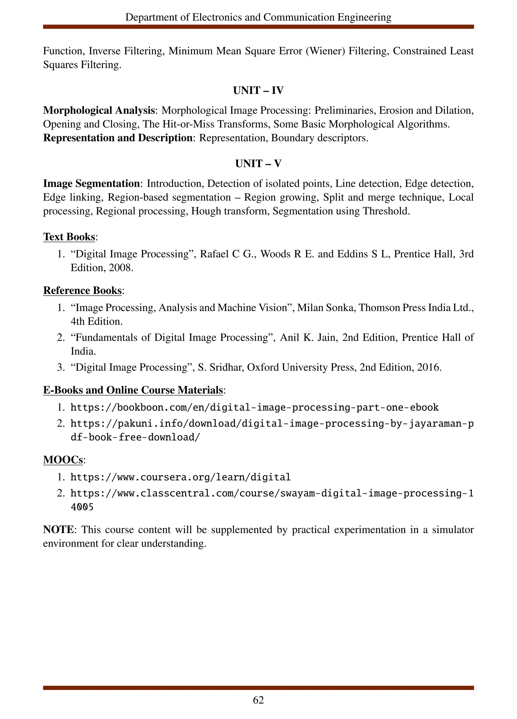 Department of Electronics and Communication Engineering
Function, Inverse Filtering, Minimum Mean Square Error (Wiener) Filtering, Constrained Least
Squares Filtering.
UNIT – IV
Morphological Analysis: Morphological Image Processing: Preliminaries, Erosion and Dilation,
Opening and Closing, The Hit-or-Miss Transforms, Some Basic Morphological Algorithms.
Representation and Description: Representation, Boundary descriptors.
UNIT – V
Image Segmentation: Introduction, Detection of isolated points, Line detection, Edge detection,
Edge linking, Region-based segmentation – Region growing, Split and merge technique, Local
processing, Regional processing, Hough transform, Segmentation using Threshold.
Text Books:
1. “Digital Image Processing”, Rafael C G., Woods R E. and Eddins S L, Prentice Hall, 3rd
Edition, 2008.
Reference Books:
1. “Image Processing, Analysis and Machine Vision”, Milan Sonka, Thomson Press India Ltd.,
4th Edition.
2. “Fundamentals of Digital Image Processing”, Anil K. Jain, 2nd Edition, Prentice Hall of
India.
3. “Digital Image Processing”, S. Sridhar, Oxford University Press, 2nd Edition, 2016.
E-Books and Online Course Materials:
1. https://bookboon.com/en/digital-image-processing-part-one-ebook
2. https://pakuni.info/download/digital-image-processing-by-jayaraman-p
df-book-free-download/
MOOCs:
1. https://www.coursera.org/learn/digital
2. https://www.classcentral.com/course/swayam-digital-image-processing-1
4005
NOTE: This course content will be supplemented by practical experimentation in a simulator
environment for clear understanding.
62
 