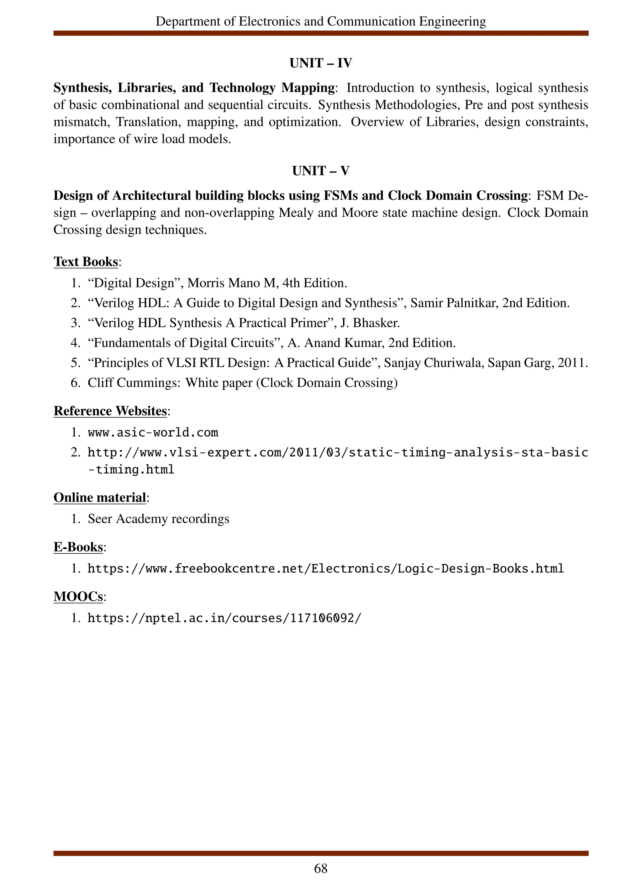 Department of Electronics and Communication Engineering
UNIT – IV
Synthesis, Libraries, and Technology Mapping: Introduction to synthesis, logical synthesis
of basic combinational and sequential circuits. Synthesis Methodologies, Pre and post synthesis
mismatch, Translation, mapping, and optimization. Overview of Libraries, design constraints,
importance of wire load models.
UNIT – V
Design of Architectural building blocks using FSMs and Clock Domain Crossing: FSM De-
sign – overlapping and non-overlapping Mealy and Moore state machine design. Clock Domain
Crossing design techniques.
Text Books:
1. “Digital Design”, Morris Mano M, 4th Edition.
2. “Verilog HDL: A Guide to Digital Design and Synthesis”, Samir Palnitkar, 2nd Edition.
3. “Verilog HDL Synthesis A Practical Primer”, J. Bhasker.
4. “Fundamentals of Digital Circuits”, A. Anand Kumar, 2nd Edition.
5. “Principles of VLSI RTL Design: A Practical Guide”, Sanjay Churiwala, Sapan Garg, 2011.
6. Cliff Cummings: White paper (Clock Domain Crossing)
Reference Websites:
1. www.asic-world.com
2. http://www.vlsi-expert.com/2011/03/static-timing-analysis-sta-basic
-timing.html
Online material:
1. Seer Academy recordings
E-Books:
1. https://www.freebookcentre.net/Electronics/Logic-Design-Books.html
MOOCs:
1. https://nptel.ac.in/courses/117106092/
68
 