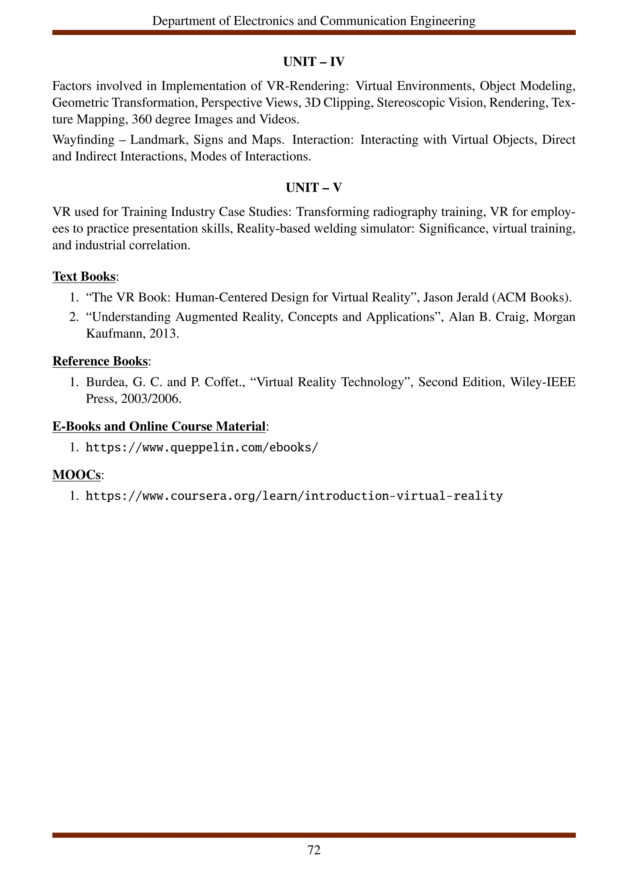Department of Electronics and Communication Engineering
UNIT – IV
Factors involved in Implementation of VR-Rendering: Virtual Environments, Object Modeling,
Geometric Transformation, Perspective Views, 3D Clipping, Stereoscopic Vision, Rendering, Tex-
ture Mapping, 360 degree Images and Videos.
Wayfinding – Landmark, Signs and Maps. Interaction: Interacting with Virtual Objects, Direct
and Indirect Interactions, Modes of Interactions.
UNIT – V
VR used for Training Industry Case Studies: Transforming radiography training, VR for employ-
ees to practice presentation skills, Reality-based welding simulator: Significance, virtual training,
and industrial correlation.
Text Books:
1. “The VR Book: Human-Centered Design for Virtual Reality”, Jason Jerald (ACM Books).
2. “Understanding Augmented Reality, Concepts and Applications”, Alan B. Craig, Morgan
Kaufmann, 2013.
Reference Books:
1. Burdea, G. C. and P. Coffet., “Virtual Reality Technology”, Second Edition, Wiley-IEEE
Press, 2003/2006.
E-Books and Online Course Material:
1. https://www.queppelin.com/ebooks/
MOOCs:
1. https://www.coursera.org/learn/introduction-virtual-reality
72
 