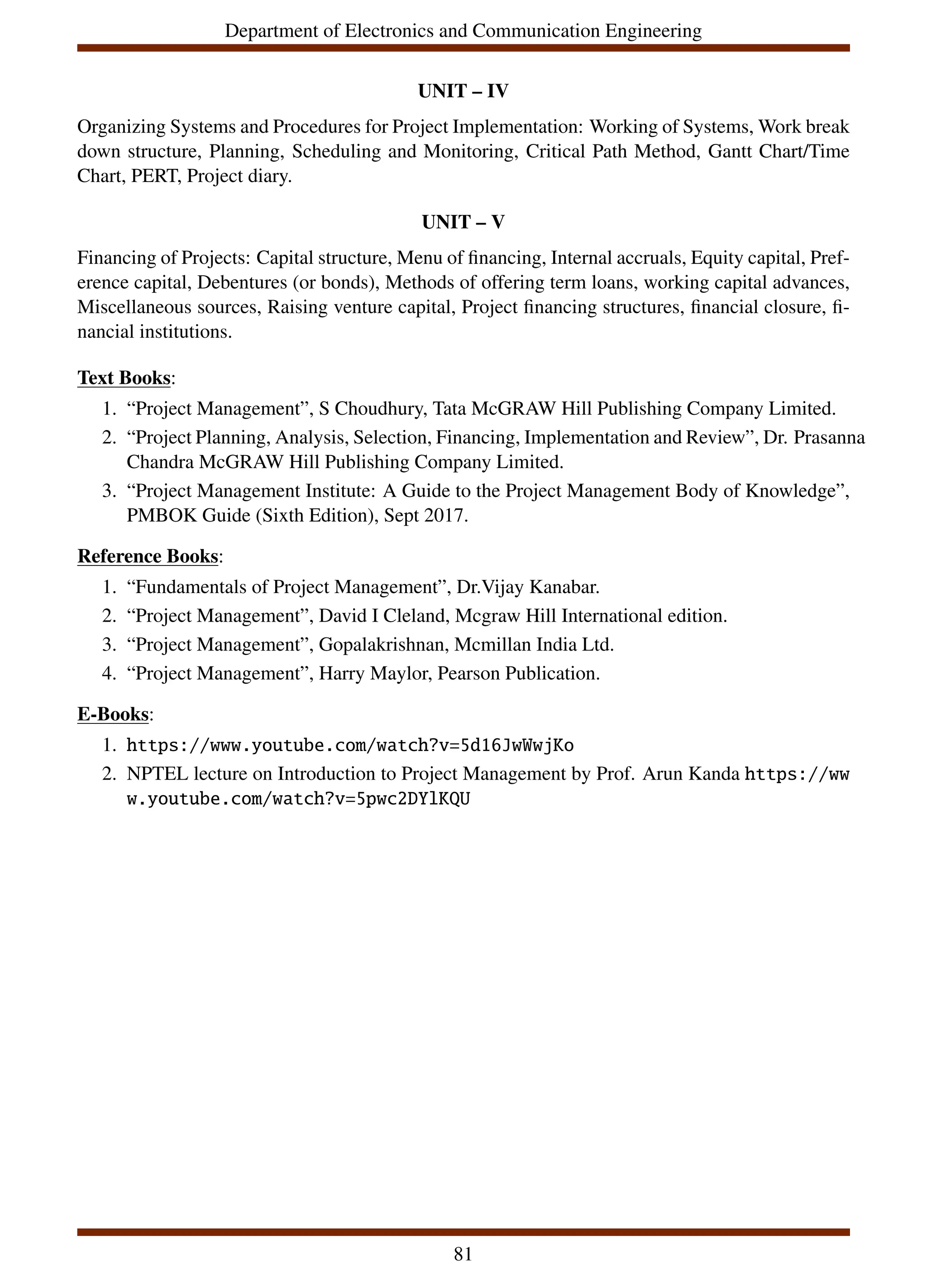 Department of Electronics and Communication Engineering
UNIT – IV
Organizing Systems and Procedures for Project Implementation: Working of Systems, Work break
down structure, Planning, Scheduling and Monitoring, Critical Path Method, Gantt Chart/Time
Chart, PERT, Project diary.
UNIT – V
Financing of Projects: Capital structure, Menu of financing, Internal accruals, Equity capital, Pref-
erence capital, Debentures (or bonds), Methods of offering term loans, working capital advances,
Miscellaneous sources, Raising venture capital, Project financing structures, financial closure, fi-
nancial institutions.
Text Books:
1. “Project Management”, S Choudhury, Tata McGRAW Hill Publishing Company Limited.
2. “Project Planning, Analysis, Selection, Financing, Implementation and Review”, Dr. Prasanna
Chandra McGRAW Hill Publishing Company Limited.
3. “Project Management Institute: A Guide to the Project Management Body of Knowledge”,
PMBOK Guide (Sixth Edition), Sept 2017.
Reference Books:
1. “Fundamentals of Project Management”, Dr.Vijay Kanabar.
2. “Project Management”, David I Cleland, Mcgraw Hill International edition.
3. “Project Management”, Gopalakrishnan, Mcmillan India Ltd.
4. “Project Management”, Harry Maylor, Pearson Publication.
E-Books:
1. https://www.youtube.com/watch?v=5d16JwWwjKo
2. NPTEL lecture on Introduction to Project Management by Prof. Arun Kanda https://ww
w.youtube.com/watch?v=5pwc2DYlKQU
81
 