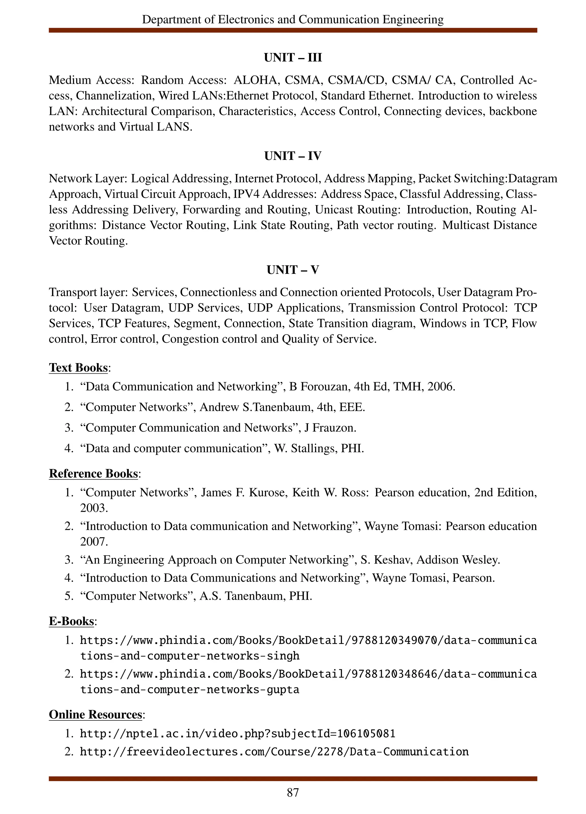 Department of Electronics and Communication Engineering
UNIT – III
Medium Access: Random Access: ALOHA, CSMA, CSMA/CD, CSMA/ CA, Controlled Ac-
cess, Channelization, Wired LANs:Ethernet Protocol, Standard Ethernet. Introduction to wireless
LAN: Architectural Comparison, Characteristics, Access Control, Connecting devices, backbone
networks and Virtual LANS.
UNIT – IV
Network Layer: Logical Addressing, Internet Protocol, Address Mapping, Packet Switching:Datagram
Approach, Virtual Circuit Approach, IPV4 Addresses: Address Space, Classful Addressing, Class-
less Addressing Delivery, Forwarding and Routing, Unicast Routing: Introduction, Routing Al-
gorithms: Distance Vector Routing, Link State Routing, Path vector routing. Multicast Distance
Vector Routing.
UNIT – V
Transport layer: Services, Connectionless and Connection oriented Protocols, User Datagram Pro-
tocol: User Datagram, UDP Services, UDP Applications, Transmission Control Protocol: TCP
Services, TCP Features, Segment, Connection, State Transition diagram, Windows in TCP, Flow
control, Error control, Congestion control and Quality of Service.
Text Books:
1. “Data Communication and Networking”, B Forouzan, 4th Ed, TMH, 2006.
2. “Computer Networks”, Andrew S.Tanenbaum, 4th, EEE.
3. “Computer Communication and Networks”, J Frauzon.
4. “Data and computer communication”, W. Stallings, PHI.
Reference Books:
1. “Computer Networks”, James F. Kurose, Keith W. Ross: Pearson education, 2nd Edition,
2003.
2. “Introduction to Data communication and Networking”, Wayne Tomasi: Pearson education
2007.
3. “An Engineering Approach on Computer Networking”, S. Keshav, Addison Wesley.
4. “Introduction to Data Communications and Networking”, Wayne Tomasi, Pearson.
5. “Computer Networks”, A.S. Tanenbaum, PHI.
E-Books:
1. https://www.phindia.com/Books/BookDetail/9788120349070/data-communica
tions-and-computer-networks-singh
2. https://www.phindia.com/Books/BookDetail/9788120348646/data-communica
tions-and-computer-networks-gupta
Online Resources:
1. http://nptel.ac.in/video.php?subjectId=106105081
2. http://freevideolectures.com/Course/2278/Data-Communication
87
 