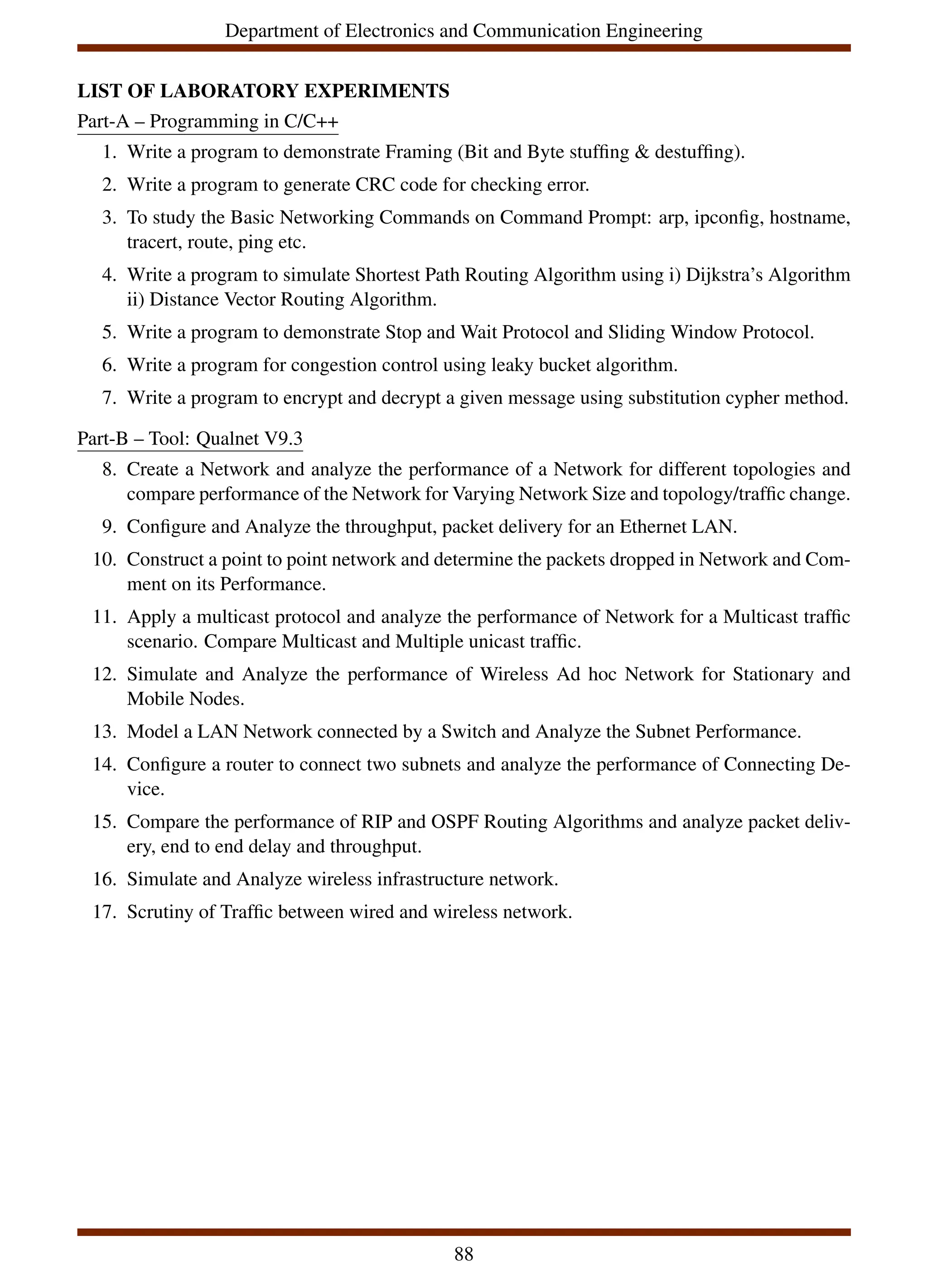 Department of Electronics and Communication Engineering
LIST OF LABORATORY EXPERIMENTS
Part-A – Programming in C/C++
1. Write a program to demonstrate Framing (Bit and Byte stuffing & destuffing).
2. Write a program to generate CRC code for checking error.
3. To study the Basic Networking Commands on Command Prompt: arp, ipconfig, hostname,
tracert, route, ping etc.
4. Write a program to simulate Shortest Path Routing Algorithm using i) Dijkstra’s Algorithm
ii) Distance Vector Routing Algorithm.
5. Write a program to demonstrate Stop and Wait Protocol and Sliding Window Protocol.
6. Write a program for congestion control using leaky bucket algorithm.
7. Write a program to encrypt and decrypt a given message using substitution cypher method.
Part-B – Tool: Qualnet V9.3
8. Create a Network and analyze the performance of a Network for different topologies and
compare performance of the Network for Varying Network Size and topology/traffic change.
9. Configure and Analyze the throughput, packet delivery for an Ethernet LAN.
10. Construct a point to point network and determine the packets dropped in Network and Com-
ment on its Performance.
11. Apply a multicast protocol and analyze the performance of Network for a Multicast traffic
scenario. Compare Multicast and Multiple unicast traffic.
12. Simulate and Analyze the performance of Wireless Ad hoc Network for Stationary and
Mobile Nodes.
13. Model a LAN Network connected by a Switch and Analyze the Subnet Performance.
14. Configure a router to connect two subnets and analyze the performance of Connecting De-
vice.
15. Compare the performance of RIP and OSPF Routing Algorithms and analyze packet deliv-
ery, end to end delay and throughput.
16. Simulate and Analyze wireless infrastructure network.
17. Scrutiny of Traffic between wired and wireless network.
88
 