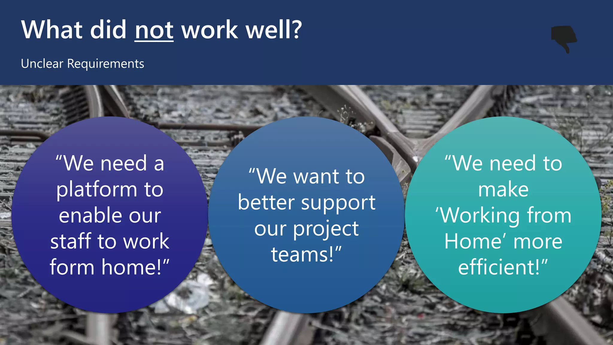 What did not work well?
Unclear Requirements
“We need a
platform to
enable our
staff to work
form home!”
“We want to
better support
our project
teams!”
“We need to
make
‘Working from
Home’ more
efficient!”
👎
 