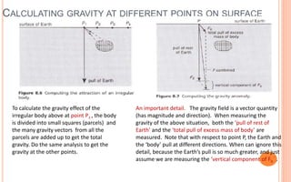CALCULATING GRAVITY AT DIFFERENT POINTS ON SURFACE
22
To calculate the gravity effect of the
irregular body above at point P1 , the body
is divided into small squares (parcels) and
the many gravity vectors from all the
parcels are added up to get the total
gravity. Do the same analysis to get the
gravity at the other points.
An important detail. The gravity field is a vector quantity
(has magnitude and direction). When measuring the
gravity of the above situation, both the ‘pull of rest of
Earth’ and the ‘total pull of excess mass of body’ are
measured. Note that with respect to point P, the Earth and
the ‘body’ pull at different directions. When can ignore this
detail, because the Earth’s pull is so much greater, and just
assume we are measuring the ‘vertical component of Fb
‘ .
 