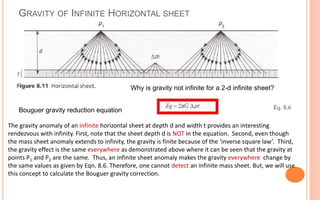 GRAVITY OF INFINITE HORIZONTAL SHEET
41
The gravity anomaly of an infinite horizontal sheet at depth d and width t provides an interesting
rendezvous with infinity. First, note that the sheet depth d is NOT in the equation. Second, even though
the mass sheet anomaly extends to infinity, the gravity is finite because of the ‘inverse square law’. Third,
the gravity effect is the same everywhere as demonstrated above where it can be seen that the gravity at
points P1 and P2 are the same. Thus, an infinite sheet anomaly makes the gravity everywhere change by
the same values as given by Eqn. 8.6. Therefore, one cannot detect an infinite mass sheet. But, we will use
this concept to calculate the Bouguer gravity correction.
Bouguer gravity reduction equation
Why is gravity not infinite for a 2-d infinite sheet?
 