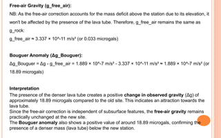 Free-air Gravity (g_free_air):
NB: As the free-air correction accounts for the mass deficit above the station due to its elevation, it
won't be affected by the presence of the lava tube. Therefore, g_free_air remains the same as
g_rock:
g_free_air ≈ 3.337 × 10^-11 m/s² (or 0.033 microgals)
Bouguer Anomaly (Δg_Bouguer):
Δg_Bouguer = Δg - g_free_air = 1.889 × 10^-7 m/s² - 3.337 × 10^-11 m/s² ≈ 1.889 × 10^-7 m/s² (or
18.89 microgals)
Interpretation
The presence of the denser lava tube creates a positive change in observed gravity (Δg) of
approximately 18.89 microgals compared to the old site. This indicates an attraction towards the
lava tube.
Since the free-air correction is independent of subsurface features, the free-air gravity remains
practically unchanged at the new site.
The Bouguer anomaly also shows a positive value of around 18.89 microgals, confirming the
presence of a denser mass (lava tube) below the new station.
 