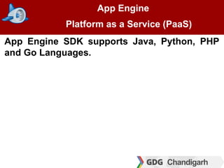 App Engine
Platform as a Service (PaaS)
App Engine SDK supports Java, Python, PHP
and Go Languages.
 