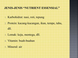 1. Karbohidrat: nasi, roti, tepung
2. Protein: kacang-kacangan, ikan, tempe, tahu,
dll.
3. Lemak: keju, mentega, dll.
4. Vitamin: buah-buahan
5. Mineral: air
 