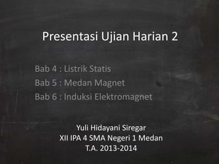 Presentasi Ujian Harian 2
Bab 4 : Listrik Statis
Bab 5 : Medan Magnet
Bab 6 : Induksi Elektromagnet
Yuli Hidayani Siregar
XII IPA 4 SMA Negeri 1 Medan
T.A. 2013-2014

 