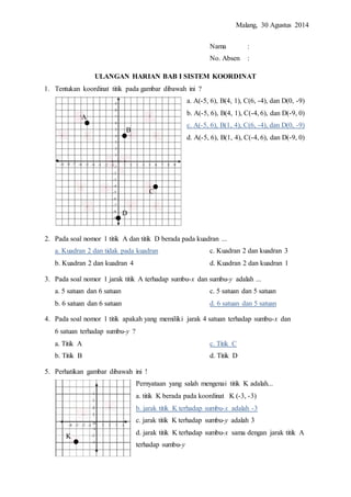Malang, 30 Agustus 2014 
Nama : 
No. Absen : 
ULANGAN HARIAN BAB I SISTEM KOORDINAT 
1. Tentukan koordinat titik pada gambar dibawah ini ? 
a. A(-5, 6), B(4, 1), C(6, -4), dan D(0, -9) 
b. A(-5, 6), B(4, 1), C(-4, 6), dan D(-9, 0) 
c. A(-5, 6), B(1, 4), C(6, -4), dan D(0, -9) 
d. A(-5, 6), B(1, 4), C(-4, 6), dan D(-9, 0) 
2. Pada soal nomor 1 titik A dan titik D berada pada kuadran ... 
a. Kuadran 2 dan tidak pada kuadran c. Kuadran 2 dan kuadran 3 
b. Kuadran 2 dan kuadran 4 d. Kuadran 2 dan kuadran 1 
3. Pada soal nomor 1 jarak titik A terhadap sumbu-x dan sumbu-y adalah ... 
a. 5 satuan dan 6 satuan c. 5 satuan dan 5 satuan 
b. 6 satuan dan 6 satuan d. 6 satuan dan 5 satuan 
4. Pada soal nomor 1 titik apakah yang memiliki jarak 4 satuan terhadap sumbu-x dan 
6 satuan terhadap sumbu-y ? 
a. Titik A c. Titik C 
b. Titik B d. Titik D 
5. Perhatikan gambar dibawah ini ! 
Pernyataan yang salah mengenai titik K adalah... 
a. titik K berada pada koordinat K (-3, -3) 
b. jarak titik K terhadap sumbu-x adalah -3 
c. jarak titik K terhadap sumbu-y adalah 3 
d. jarak titik K terhadap sumbu-x sama dengan jarak titik A 
terhadap sumbu-y 
B 
A 
C 
D 
K 
 