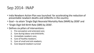 Sep 2014- INAP
• India Newborn Action Plan was launched for accelerating the reduction of
preventable newborn deaths and stillbirths in the country
• Goal – to attain ‘Single Digit Neonatal Mortality Rate (NMR) by 2030’ and
• ‘Single Digit Still Birth Rate (SBR) by 2030’.
• Defines six pillars of interventions:
1. Pre-conception and antenatal care;
2. Care during labour and child birth;
3. Immediate newborn care;
4. Care of healthy newborn;
5. Care of small and sick newborn;
6. Care beyond newborn survival
 