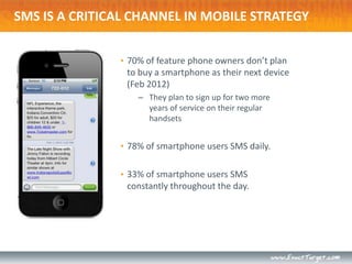 SMS IS A CRITICAL CHANNEL IN MOBILE STRATEGY


               • 70% of feature phone owners don’t plan
                to buy a smartphone as their next device
                (Feb 2012)
                   – They plan to sign up for two more
                     years of service on their regular
                     handsets


               • 78% of smartphone users SMS daily.


               • 33% of smartphone users SMS
                constantly throughout the day.
 