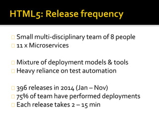 Small multi-disciplinary team of 8 people 
11 x Microservices 
Mixture of deployment models & tools 
Heavy reliance on test automation 
396 releases in 2014 (Jan – Nov) 
75% of team have performed deployments 
Each release takes 2 – 15 min 
 