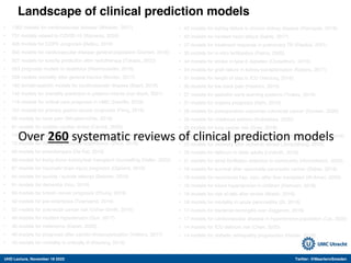 UHD Lecture, November 18 2022 Twitter: @MaartenvSmeden
Landscape of clinical prediction models
• 42 models for kidney failure in chronic kidney disease (Ramspek, 2019)
• 40 models for incident heart failure (Sahle, 2017)
• 37 models for treatment response in pulmonary TB (Peetluk, 2021)
• 35 models for in vitro fertilisation (Ratna, 2020)
• 34 models for stroke in type-2 diabetes (Chowdhury, 2019)
• 34 models for graft failure in kidney transplantation (Kabore, 2017)
• 31 models for length of stay in ICU (Verburg, 2016)
• 30 models for low back pain (Haskins, 2015)
• 27 models for pediatric early warning systems (Trubey, 2019)
• 27 models for malaria prognosis (Njim, 2019)
• 26 models for postoperative outcomes colorectal cancer (Souwer, 2020)
• 26 models for childhood asthma (Kothalawa, 2020)
• 25 models for lung cancer risk (Gray, 2016)
• 25 models for re-admission after admitted for heart failure (Mahajan, 2018)
• 23 models for recovery after ischemic stroke (Jampathong, 2018)
• 23 models for delirium in older adults (Lindroth, 2018)
• 21 models for atrial fibrillation detection in community (Himmelreich, 2020)
• 19 models for survival after resectable pancreatic cancer (Stijker, 2019)
• 18 models for recurrence hep. carc. after liver transplant (Al-Ameri, 2020)
• 18 models for future hypertension in children (Hamoen, 2018)
• 18 models for risk of falls after stroke (Walsh, 2016)
• 18 models for mortality in acute pancreatitis (Di, 2016)
• 17 models for bacterial meningitis (van Zeggeren, 2019)
• 17 models for cardiovascular disease in hypertensive population (Cai, 2020)
• 14 models for ICU delirium risk (Chen, 2020)
• 14 models for diabetic retinopathy progression (Haider, 2019)
• 1382 models for cardiovascular disease (Wessler, 2021)
• 731 models related to COVID-19 (Wynants, 2020)
• 408 models for COPD prognosis (Bellou, 2019)
• 363 models for cardiovascular disease general population (Damen, 2016)
• 327 models for toxicity prediction after radiotherapy (Takada, 2022)
• 263 prognosis models in obstetrics (Kleinrouweler, 2016)
• 258 models mortality after general trauma (Munter, 2017)
• 160 female-specific models for cardiovascular disease (Baart, 2019)
• 142 models for mortality prediction in preterm infants (van Beek, 2021)
• 119 models for critical care prognosis in LMIC (Haniffa, 2018)
• 101 models for primary gastric cancer prognosis (Feng, 2019)
• 99 models for neck pain (Wingbermühle, 2018)
• 81 models for sudden cardiac arrest (Carrick, 2020)
• 74 models for contrast-induced acute kidney injury (Allen, 2017)
• 73 models for 28/30 day hospital readmission (Zhou, 2016)
• 68 models for preeclampsia (De Kat, 2019)
• 68 models for living donor kidney/iver transplant counselling (Haller, 2022)
• 67 models for traumatic brain injury prognosis (Dijkland, 2019)
• 64 models for suicide / suicide attempt (Belsher, 2019)
• 61 models for dementia (Hou, 2019)
• 58 models for breast cancer prognosis (Phung, 2019)
• 52 models for pre‐eclampsia (Townsend, 2019)
• 52 models for colorectal cancer risk (Usher-Smith, 2016)
• 48 models for incident hypertension (Sun, 2017)
• 46 models for melanoma (Kaiser, 2020)
• 46 models for prognosis after carotid revascularisation (Volkers, 2017)
• 43 models for mortality in critically ill (Keuning, 2019)
Over 260 systematic reviews of clinical prediction models
 