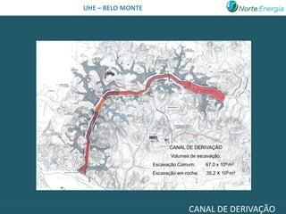UHE – BELO MONTE




                          CANAL DE DERIVAÇÃO
                          Volumes de escavação:
                   Escavação Comum:      67,0 x 106 m3
                   Escavação em rocha:   35,2 X 106 m3




                                  CANAL DE DERIVAÇÃO
 