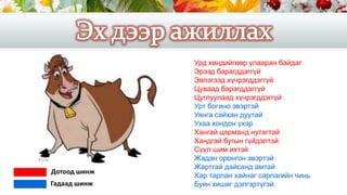 Урд хөндийгөөр улааран байдаг
Эрээд барагддаггүй
Эвлэгээд хүчрэгддэггүй
Цуваад барагддаггүй
Цуглуулаад хүчрэгддэггүй
Урт богино эвэртэй
Уянга сайхан дуутай
Ухаа хондон үхэр
Хангай царманд нутагтай
Хандгай бугын гүйдэлтэй
Сүүл шим ихтэй
Жадан оронгон эвэртэй
Жартгай дайсанд амтай
Хар тарлан хайнаг сарлагийн чинь
Буян хишиг дэлгэртүгэй.
Дотоод шинж
Гадаад шинж
 