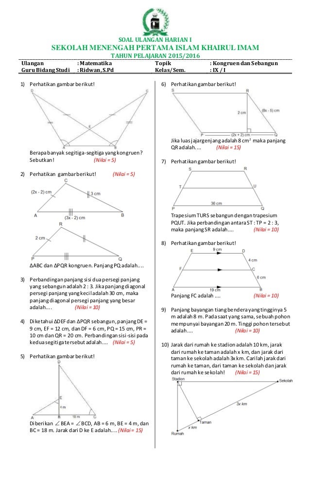 Soal Ulangan Harian Matematika Smp Islam Khairul Imam
