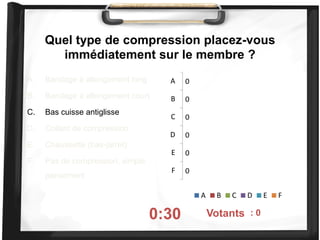 Quel type de compression placez-vous
immédiatement sur le membre ?
A. Bandage à allongement long
B. Bandage à allongement court
C. Bas cuisse antiglisse
D. Collant de compression
E. Chaussette (bas-jarret)
F. Pas de compression, simple
pansement
0:30 On voté : 0
0
0
0
0
0
0
A
B
C
D
E
F
A B C D E F
Votants
 