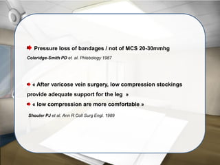 Pressure loss of bandages / not of MCS 20-30mmhg
Coleridge-Smith PD et al. Phlebology 1987
« After varicose vein surgery, low compression stockings
provide adequate support for the leg »
« low compression are more comfortable »
Shouler PJ et al. Ann R Coll Surg Engl. 1989
 