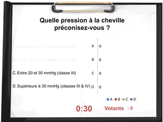 Quelle pression à la cheville
préconisez-vous ?
A. Inférieure à 15 mmHg (classe I)
B. Entre 15 et 20 mmHg (classe II)
C.Entre 20 et 30 mmHg (classe III)
D.Supérieure à 30 mmHg (classes III & IV)
0:30 On voté : 0
0
0
0
0
A
B
C
D
A B C D
Votants
 