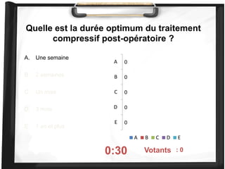 Quelle est la durée optimum du traitement
compressif post-opératoire ?
A. Une semaine
B. 2 semaines
C. Un mois
D. 3 mois
E. 1 an et plus
0:30 On voté : 0
0
0
0
0
0
A
B
C
D
E
A B C D E
Votants
 