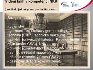 Třídění knih v kompetenci NKK
(probíhalo jednak přímo pro instituce – viz
seznam, jednak do 37 tematických skupin)
Seznam ...