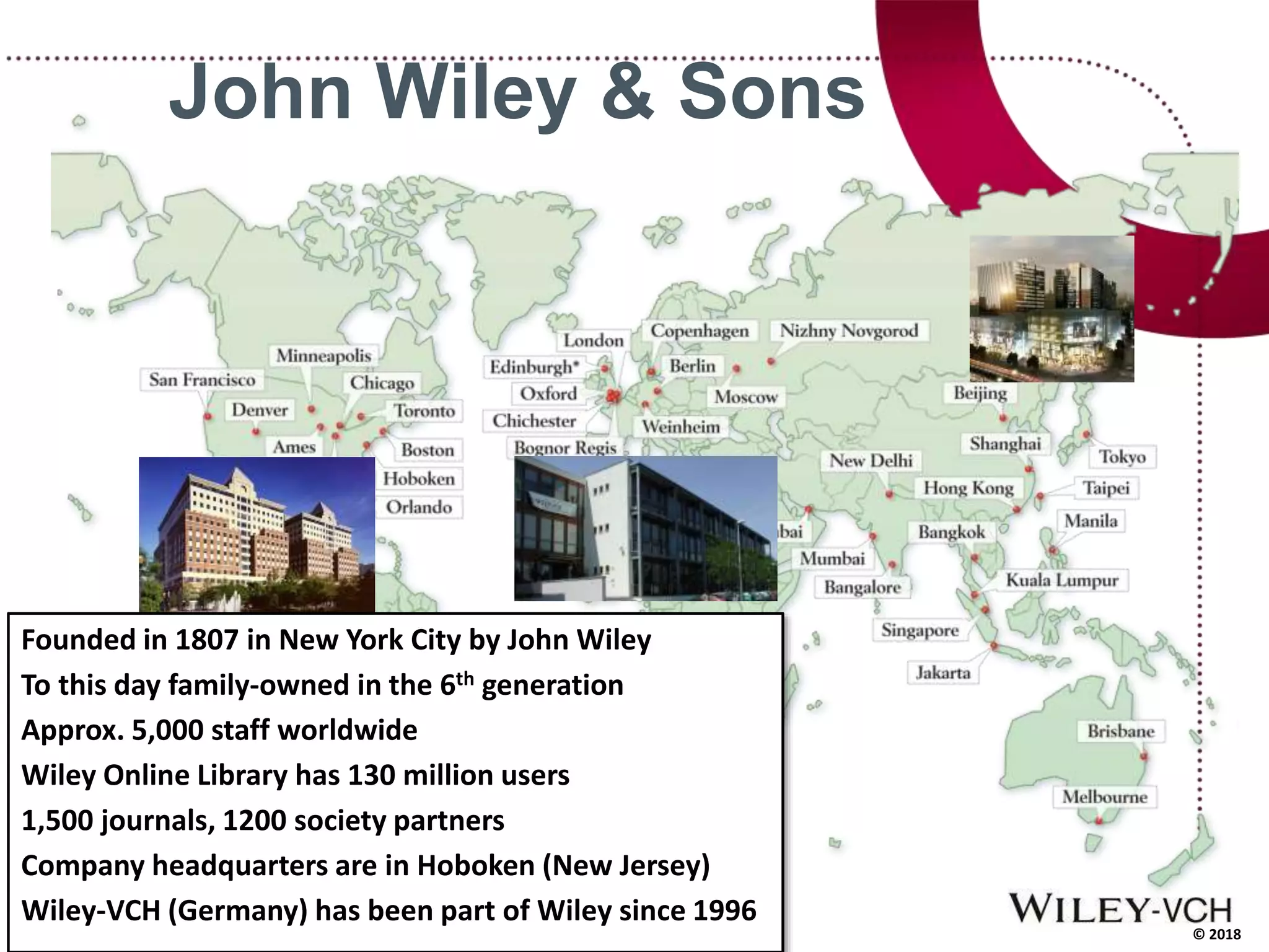 © 2018
John Wiley & Sons
South Korea
Founded in 1807 in New York City by John Wiley
To this day family-owned in the 6th generation
Approx. 5,000 staff worldwide
Wiley Online Library has 130 million users
1,500 journals, 1200 society partners
Company headquarters are in Hoboken (New Jersey)
Wiley-VCH (Germany) has been part of Wiley since 1996
 