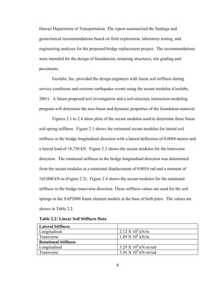 Hawaii Department of Transportation. The report summarized the findings and

geotechnical recommendations based on field exploration, laboratory testing, and

engineering analyses for the proposed bridge replacement project. The recommendations

were intended for the design of foundations, retaining structures, site grading and

pavements.

       Geolabs, Inc. provided the design engineers with linear soil stiffness during

service conditions and extreme earthquake events using the secant modulus (Geolabs,

2001). A future proposed soil investigation and a soil-structure interaction-modeling

program will determine the non-linear and dynamic properties of the foundation material.

       Figures 2.1 to 2.4 show plots of the secant modulus used to determine these linear

soil spring stiffness. Figure 2.1 shows the estimated secant modulus for lateral soil

stiffness in the bridge longitudinal direction with a lateral deflection of 0.0088 meters and

a lateral load of 18,750 kN. Figure 2.2 shows the secant modulus for the transverse

direction. The rotational stiffness in the bridge longitudinal direction was determined

from the secant modulus at a rotational displacement of 0.0054 rad and a moment of

165,000 kN-m (Figure 2.3). Figure 2.4 shows the secant modulus for the rotational

stiffness in the bridge transverse direction. These stiffness values are used for the soil

springs in the SAP2000 frame element models at the base of both piers. The values are

shown in Table 2.2.

Table 2.2: Linear Soil Stiffness Data
Lateral Stiffness
Longitudinal                                      2.12 X 106 kN/m
Transverse                                        1.89 X 106 kN/m
Rotational Stiffness
Longitudinal                                      3.29 X 108 kN-m/rad
Transverse                                        3.56 X 108 kN-m/rad

                                              8
 