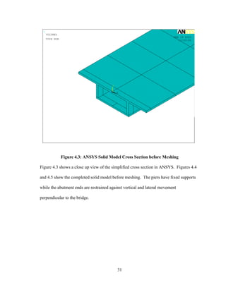 1
      VOLUMES
                                                                          FEB 19 2003
      TYPE NUM                                                               11:02:06




                                            Y

                                        Z       X




                 Figure 4.3: ANSYS Solid Model Cross Section before Meshing

Figure 4.3 shows a close up view of the simplified cross section in ANSYS. Figures 4.4

and 4.5 show the completed solid model before meshing. The piers have fixed supports

while the abutment ends are restrained against vertical and lateral movement

perpendicular to the bridge.




                                                31
 