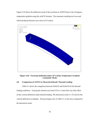 Figure 4.10 shows the deflection result of the test beam in ANSYS due to the 10 degrees

temperature gradient using the solid 92 element. The automatic meshing tool was used

which produced element sizes close to 0.5 meters.

  1
      DISPLACEMENT
                                                                             FEB 19 2003
      STEP=1                                                                    11:32:31
      SUB =1
      TIME=1
      DMX =.001304


                         Y

                     Z       X




       Figure 4.10: Test beam deflection under 10° Celcius Temperature Gradient
                                   (Automatic Mesh)

4.8       Comparison of ANSYS to Theoretical Result: Thermal Loading

          Table 4.1 shows the comparison between Solid 45 and Solid 92 for the thermal

loading conditions. Varying the element size from 0.25 to 1 meter had very little effect

on the vertical deflection under thermal loading. The theoretical result is 1.25 mm for the

vertical deflection at midspan. The percentage error in Table 4.1 is the error compared to

the theoretical result.



                                            38
 