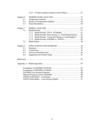 5.2.4   4 Truck Loading Creating Torsion Effects………………… 52

Chapter 6    TEMPERATURE ANALYSIS …………………………………… 57
       6.1   Temperature Gradient……………………………………………… 57
       6.2   Results of Temperature Gradient………………………………….. 58
       6.3   Strain Distribution…………………………………………………. 64

Chapter 7    MODAL ANALYSIS …………………………………………….. 67
       7.1   Modal Periods……………………………………………………… 67
             7.1.1 Modal Periods: 2-D vs. 3D Models…….…………………. 67
             7.1.2 Modal Periods: Gross Section vs. Transformed Section….. 68
             7.1.3 Modal Periods: Linear Soil Spring vs. Fixed Support….… 68
             7.1.4 Modal Periods: SAP2000 vs. ANSYS….…………………. 69
       7.2   Mode Shapes………………………………………………………. 70

Chapter 8    CONCLUSIONS AND SUMMARY……………………………… 79
       8.1   Summary………………….………………………………………. 79
       8.2   Conclusions……………………………………………………….. 79
       8.3   Sources of Possible Error………………………………………….. 80
       8.4   Suggestions for Further Study…………………………………….. 81

References   …………………………………………………………………….. 83

Appendix A – Model Input Data ………………………………………………… 85

       Coordinates of SAP2000 2-D Model ……………………………………..                  85
       Coordinates of SAP2000 3-D Model ……………………………………..                  86
       SAP2000 Cross Section Properties ……………………………………….                  88
       Material Properties used in SAP2000 …………………………………….                89
       ANSYS Solid Model – Coordinates ………………………………………                    90
       ANSYS Solid Model – Cross-Section Depths ……………………………               91




                                       vi
 