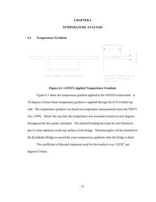 CHAPTER 6

                             TEMPERATURE ANALYSIS


6.1    Temperature Gradient




                   Figure 6.1: ANSYS Applied Temperature Gradient

       Figure 6.1 show the temperature gradient applied to the ANSYS solid model. A

10 degrees Celsius linear temperature gradient is applied through the 0.35 m thick top

slab. The temperature gradient was based on temperature measurements from the NHVV

(Ao, 1999). Below the top slab, the temperature was assumed constant at zero degrees

throughout the box girder, and piers. This thermal loading develops by mid afternoon

due to solar radiation on the top surface of the bridge. Thermocouples will be installed in

the Kealakaha Bridge to record the exact temperature gradients after the bridge is built.

       The coefficient of thermal expansion used for this analysis was 11X10-5 per

degrees Celsius.




                                            57
 